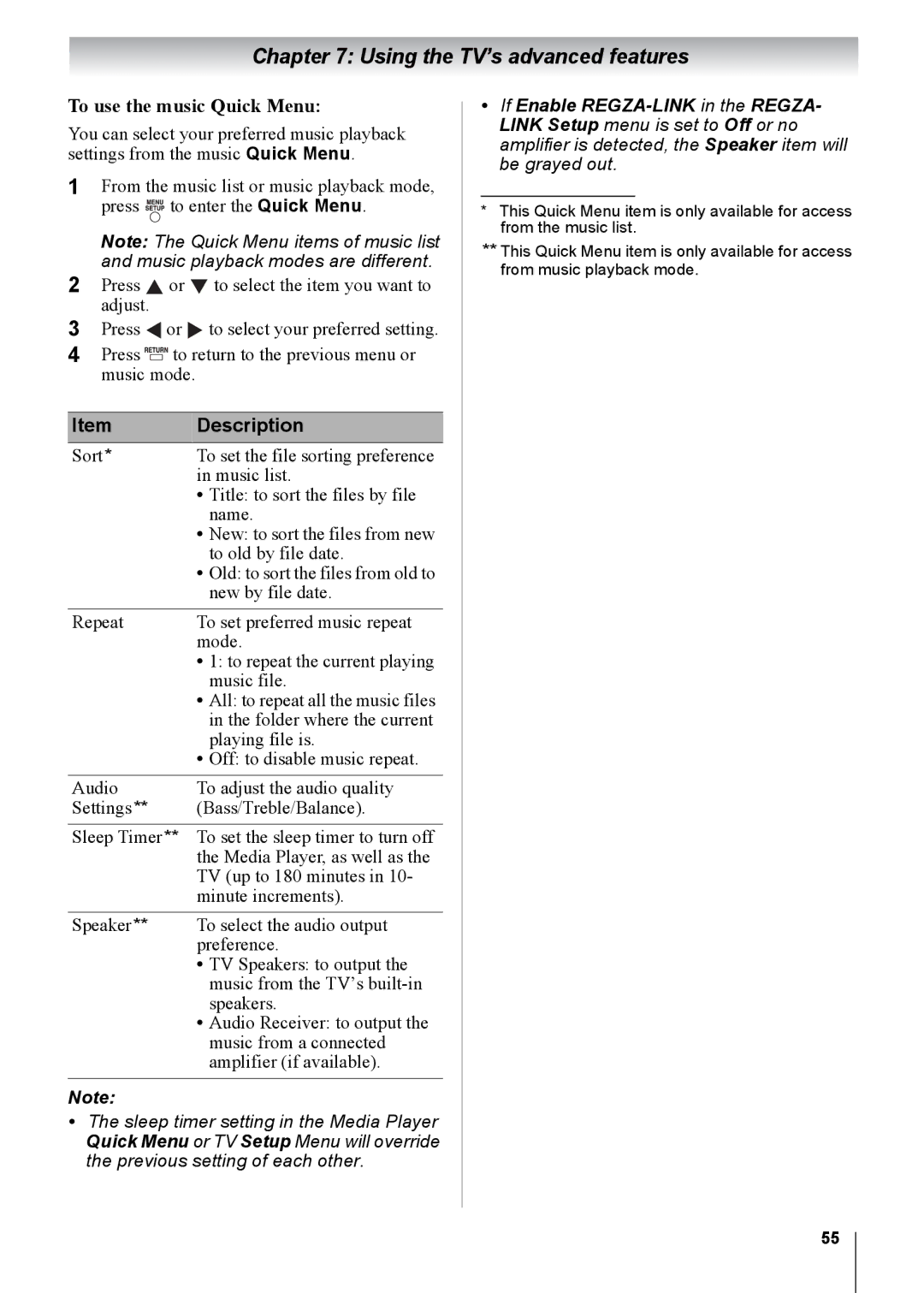 Toshiba 26CV100U, 32CV100U, 22CV100U, 19CV100U, 15CV100U, 15CV101U manual To use the music Quick Menu 