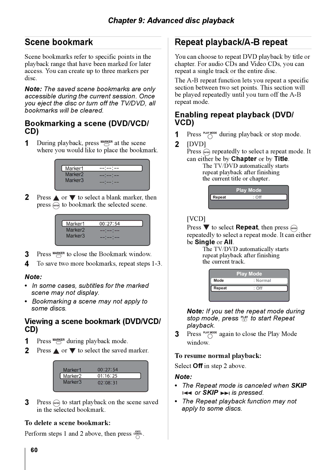 Toshiba 32CV100U, 26CV100U, 22CV100U, 19CV100U Scene bookmark, Repeat playback/A-B repeat, Bookmarking a scene DVD/VCD/ CD 