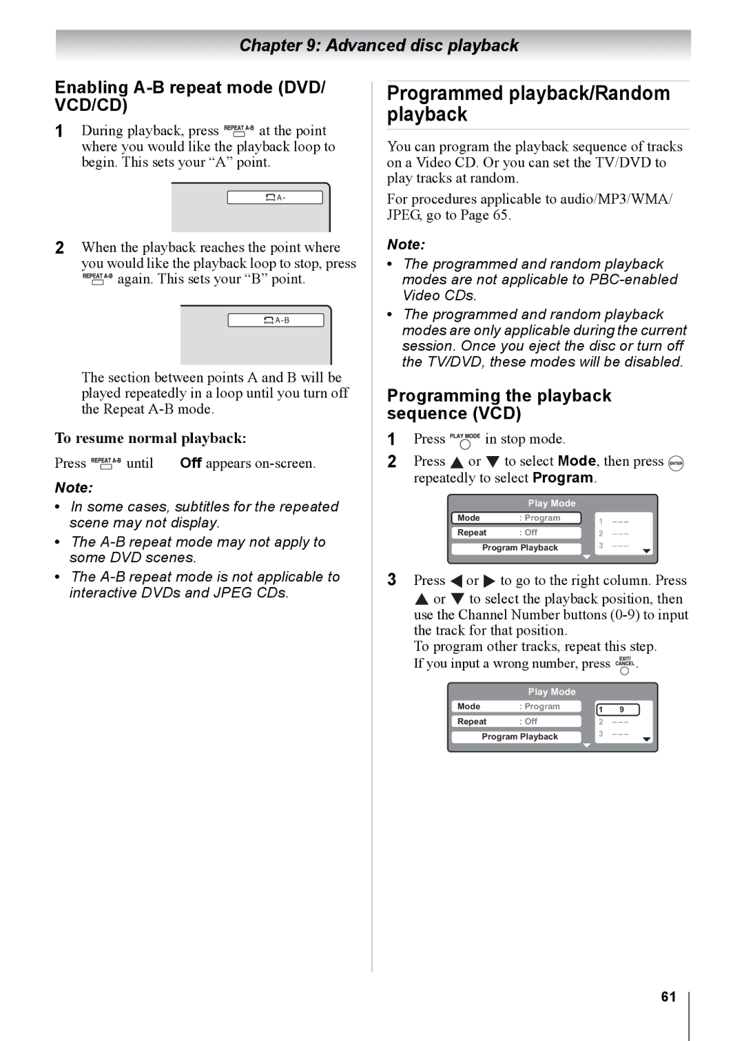 Toshiba 26CV100U, 32CV100U, 22CV100U, 19CV100U Programmed playback/Random playback, Enabling A-B repeat mode DVD/ VCD/CD 