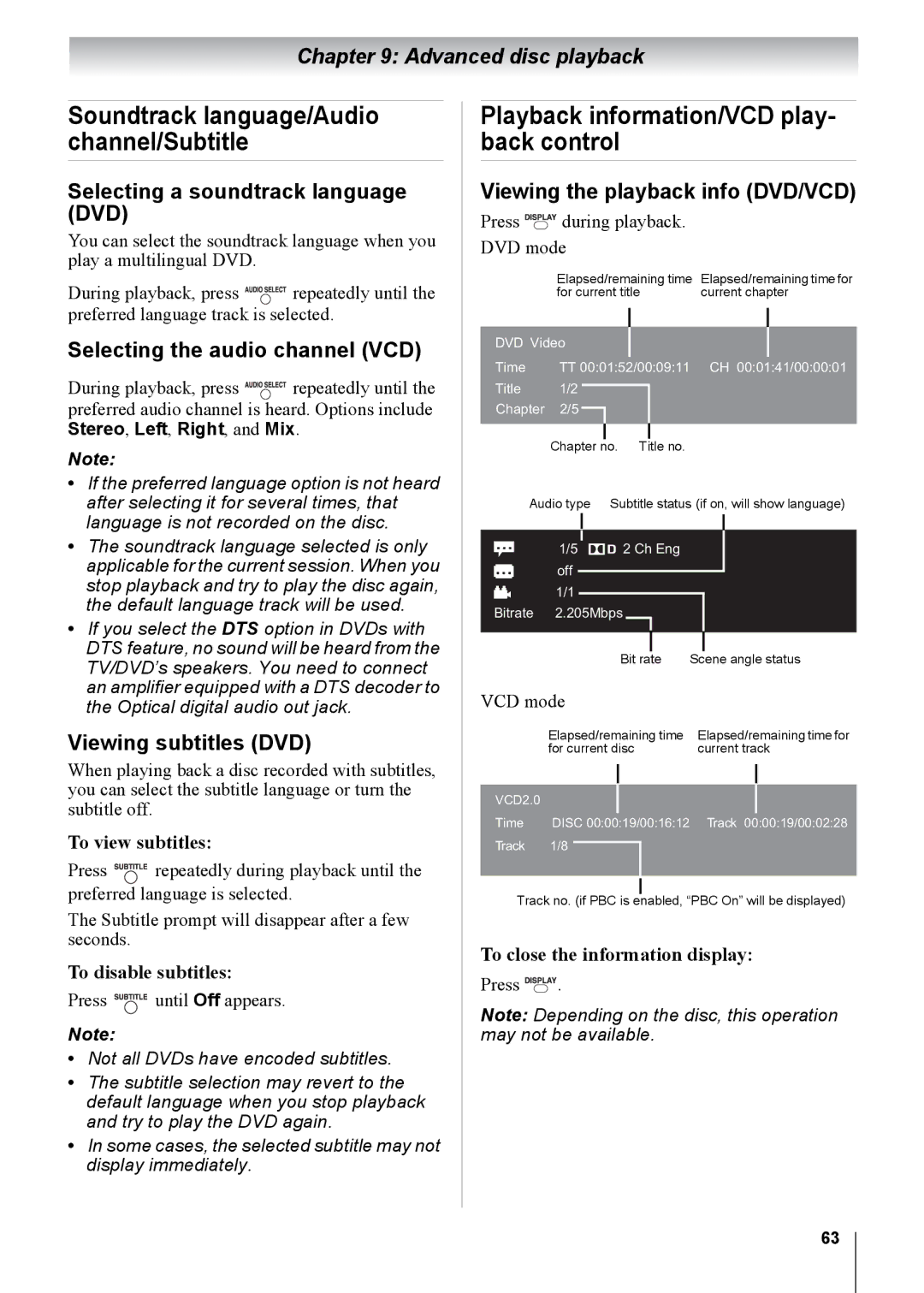 Toshiba 19CV100U Playback information/VCD play- back control, Selecting a soundtrack language DVD, Viewing subtitles DVD 