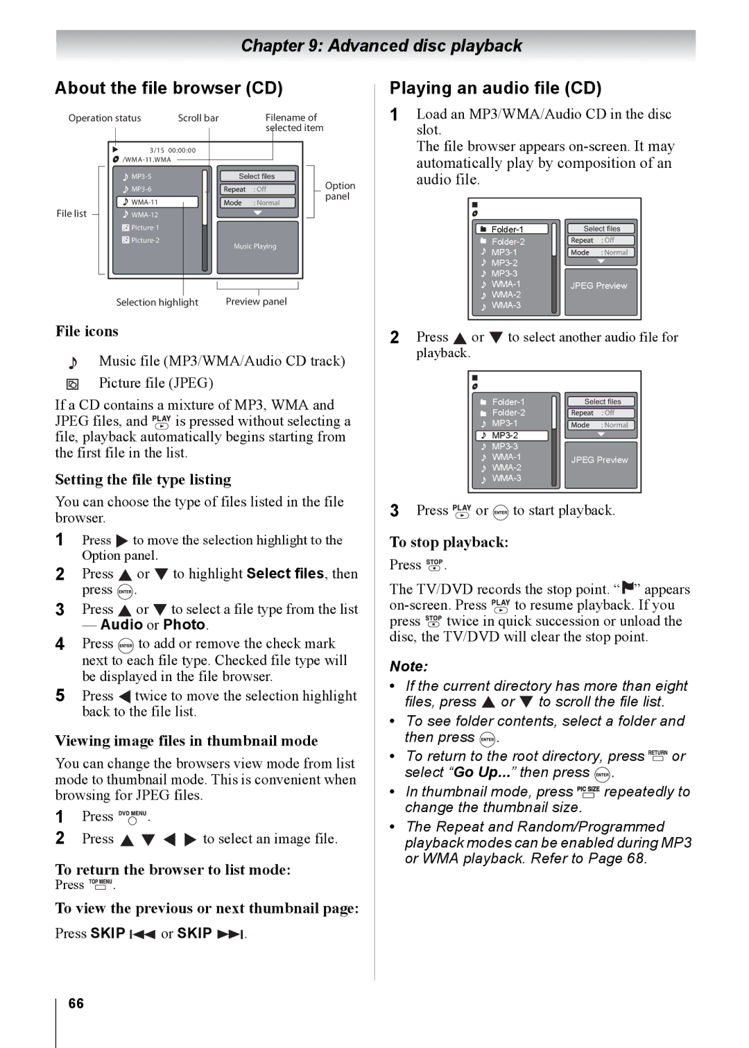 Toshiba 32CV100U, 26CV100U, 22CV100U, 19CV100U, 15CV100U, 15CV101U manual About the file browser CD, Playing an audio file CD 