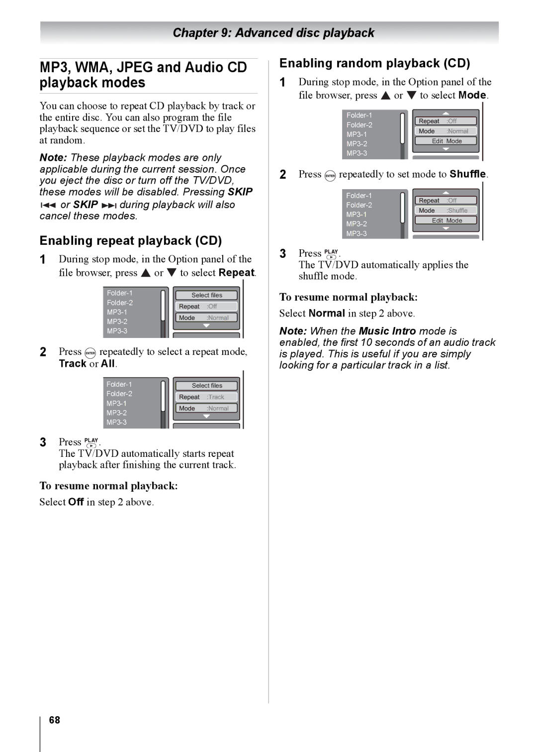 Toshiba 22CV100U MP3, WMA, Jpeg and Audio CD playback modes, Enabling repeat playback CD, Enabling random playback CD 