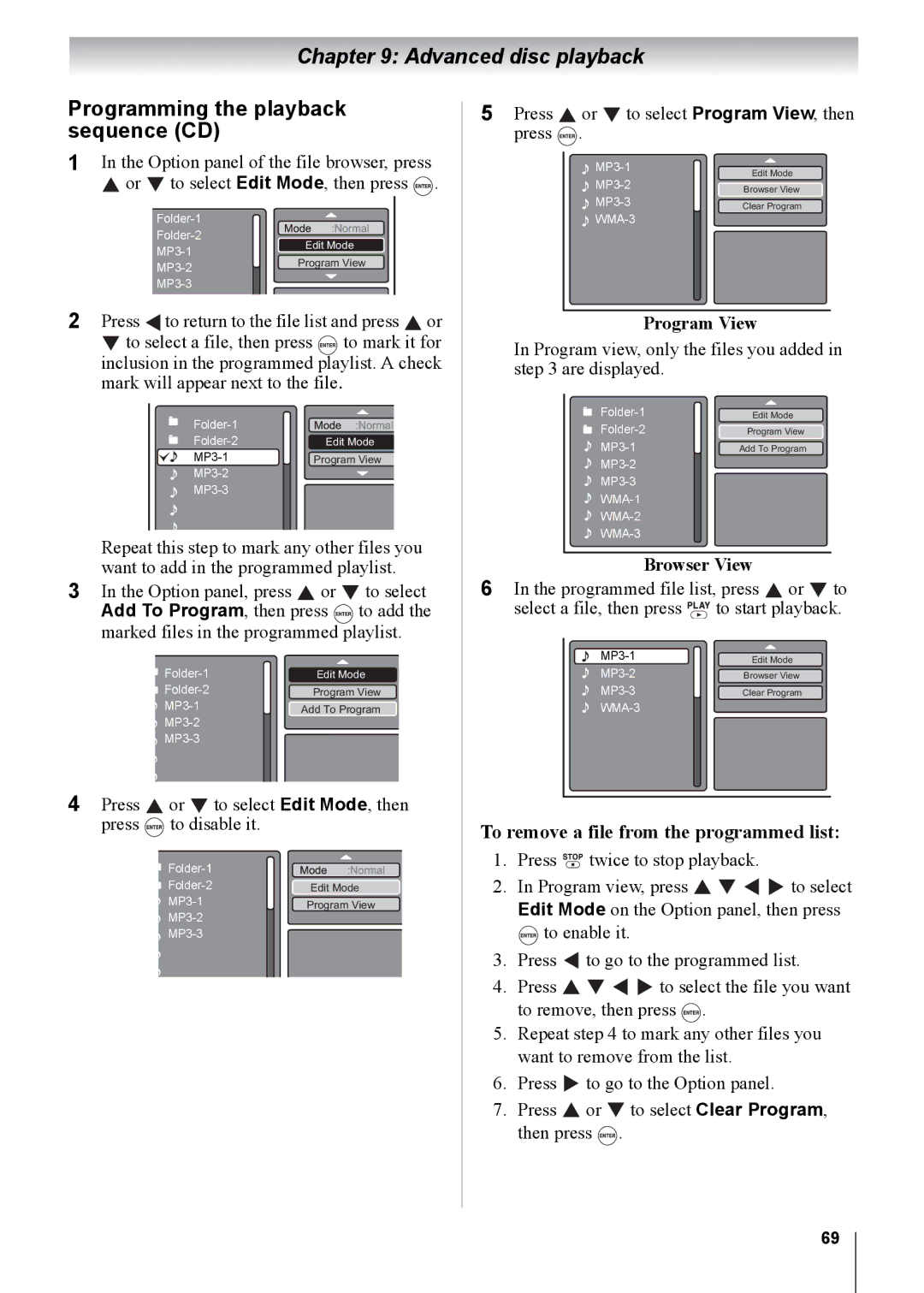 Toshiba 19CV100U, 32CV100U Programming the playback sequence CD, To remove a file from the programmed list, Program View 