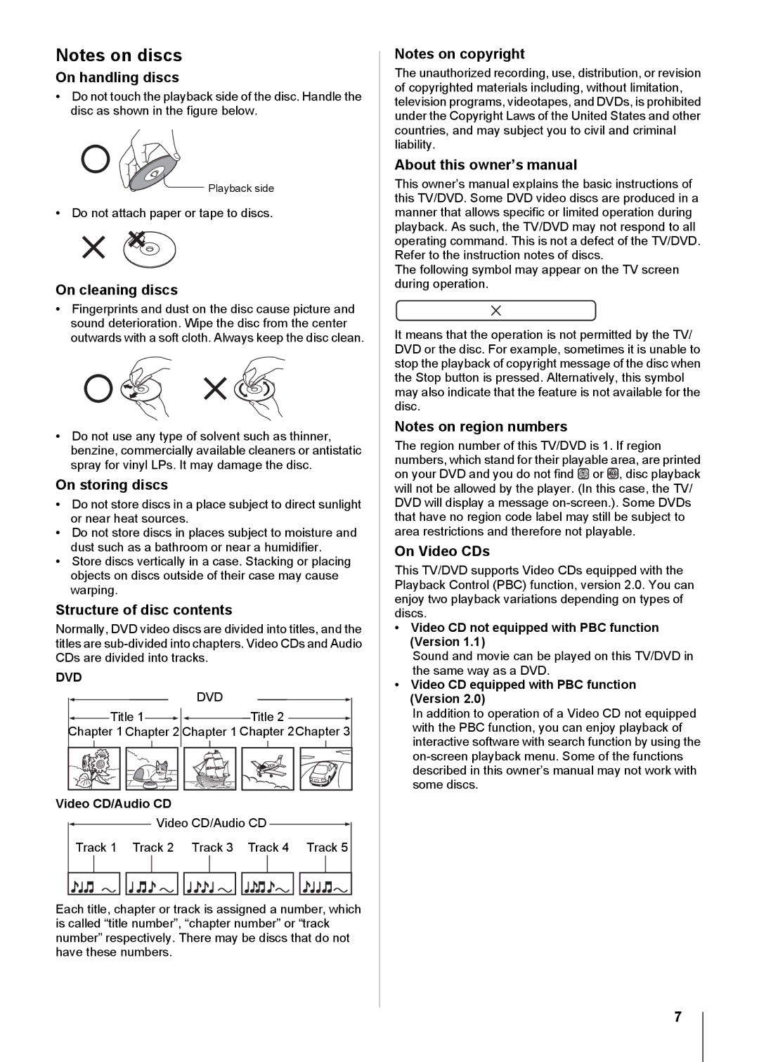 Toshiba 26CV100U manual On handling discs, On cleaning discs, On storing discs, Structure of disc contents, On Video CDs 