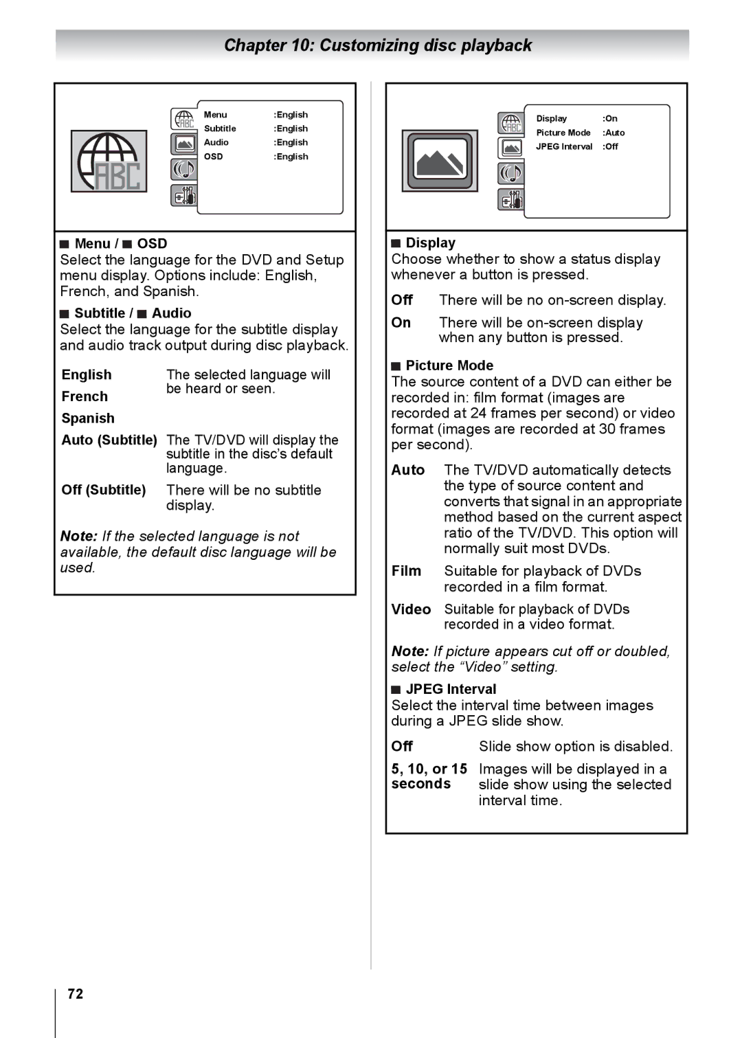 Toshiba 32CV100U Menu / OSD, Subtitle / Audio, Display, English French Spanish Auto Subtitle Off Subtitle, Picture Mode 