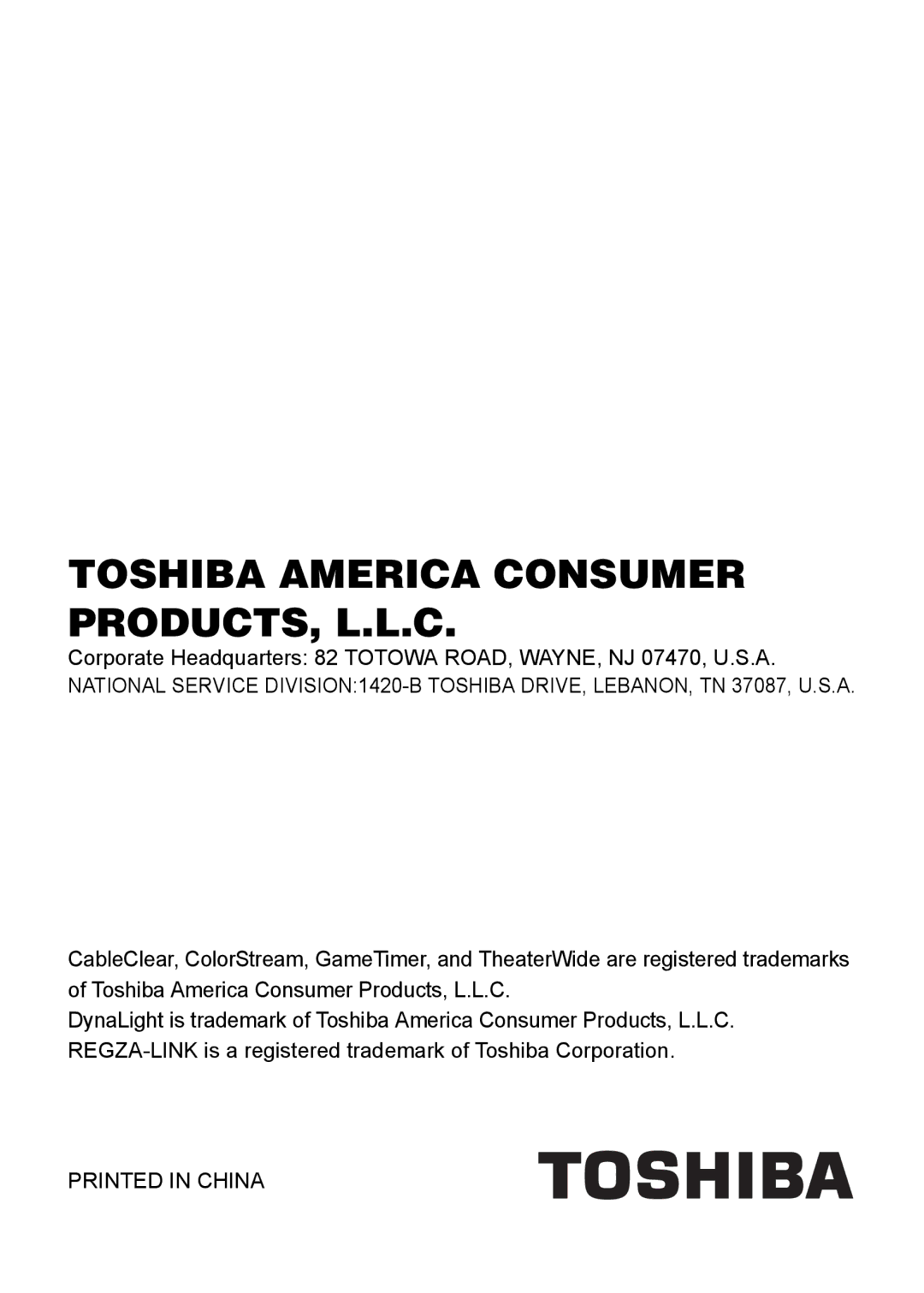 Toshiba 15CV100U, 32CV100U, 26CV100U, 22CV100U, 19CV100U, 15CV101U manual Toshiba America Consumer PRODUCTS, L.L.C 