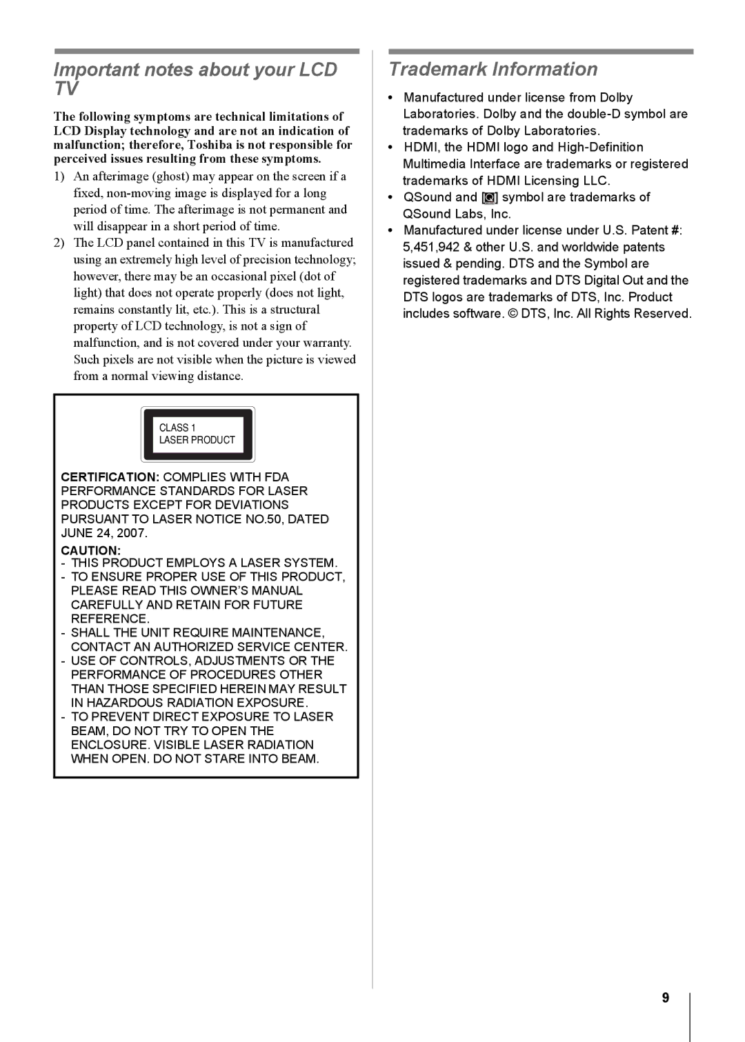 Toshiba 19CV100U, 32CV100U, 26CV100U, 22CV100U, 15CV100U, 15CV101U manual Important notes about your LCD TV 