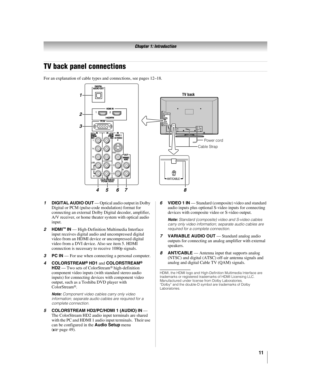 Toshiba 37CV510U, 32CV510U manual TV back panel connections, Colorstream HD2/PC/HDMI 1 Audio 