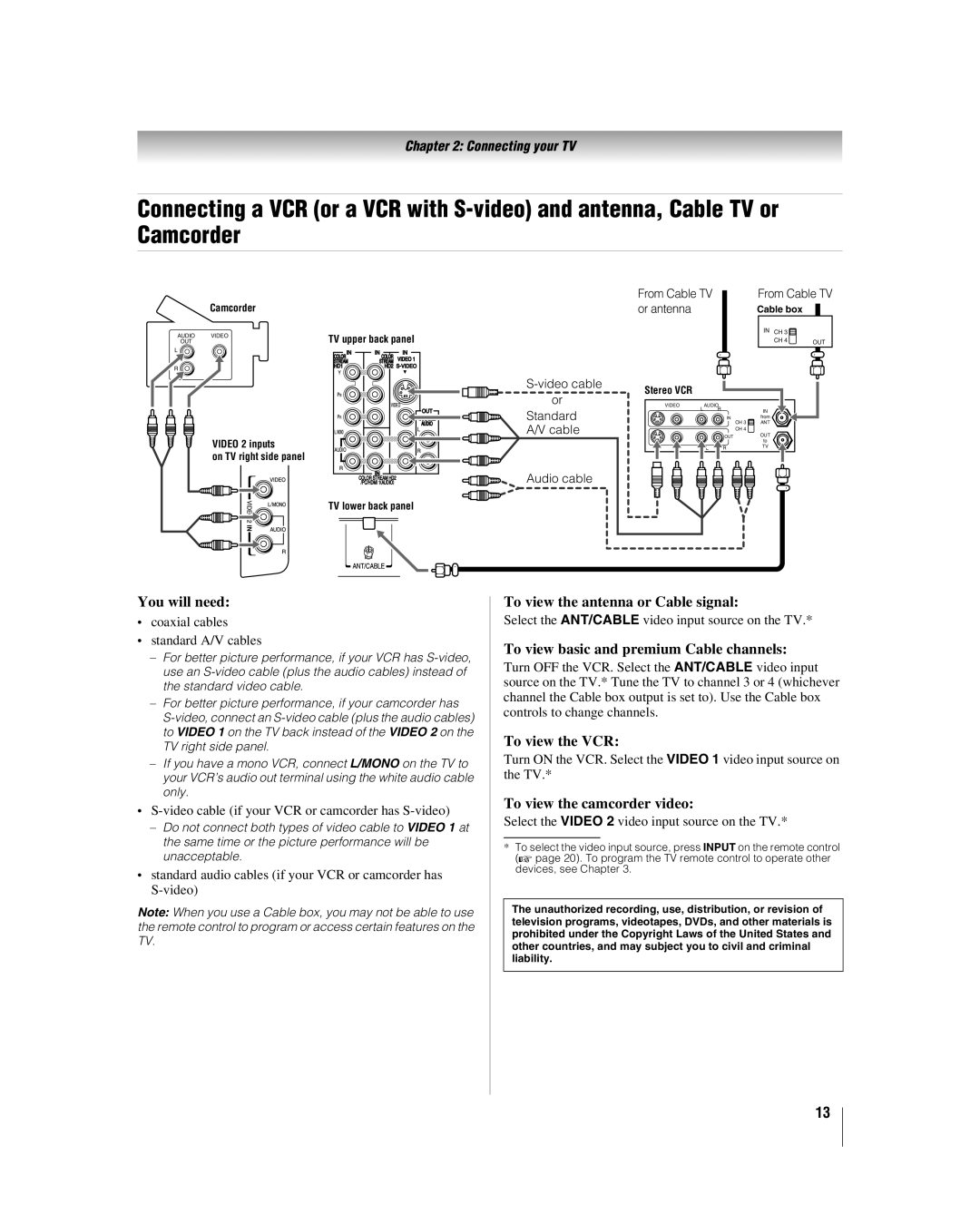 Toshiba 37CV510U, 32CV510U You will need, To view the antenna or Cable signal, To view basic and premium Cable channels 