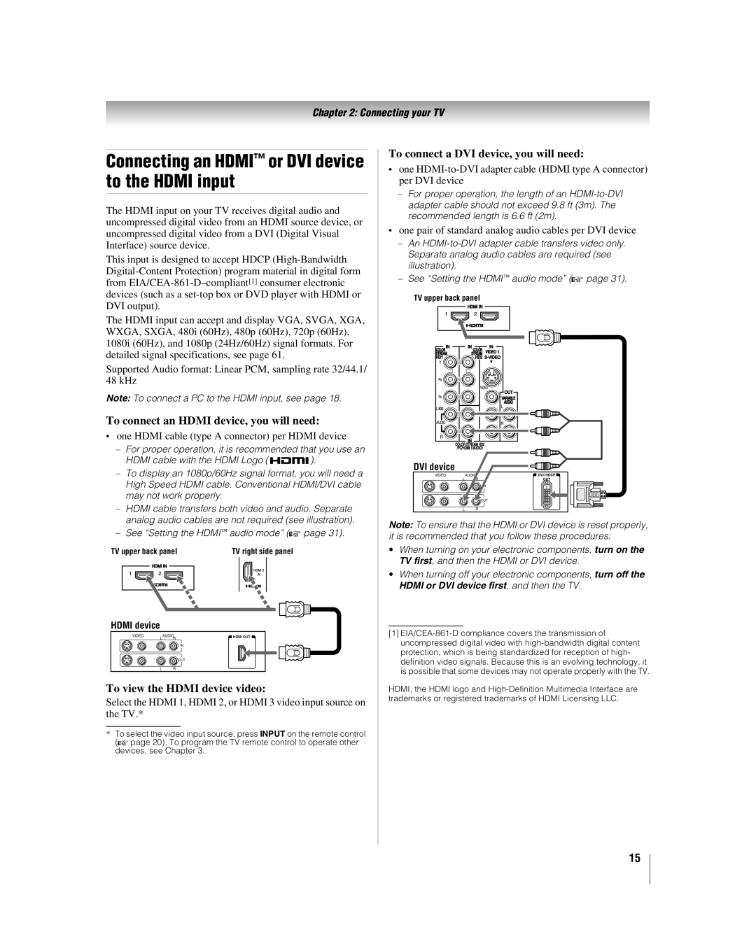 Toshiba 37CV510U, 32CV510U Connecting an Hdmi or DVI device to the Hdmi input, To connect an Hdmi device, you will need 