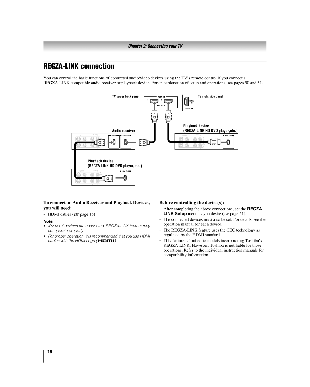 Toshiba 32CV510U, 37CV510U manual REGZA-LINK connection, Before controlling the devices 