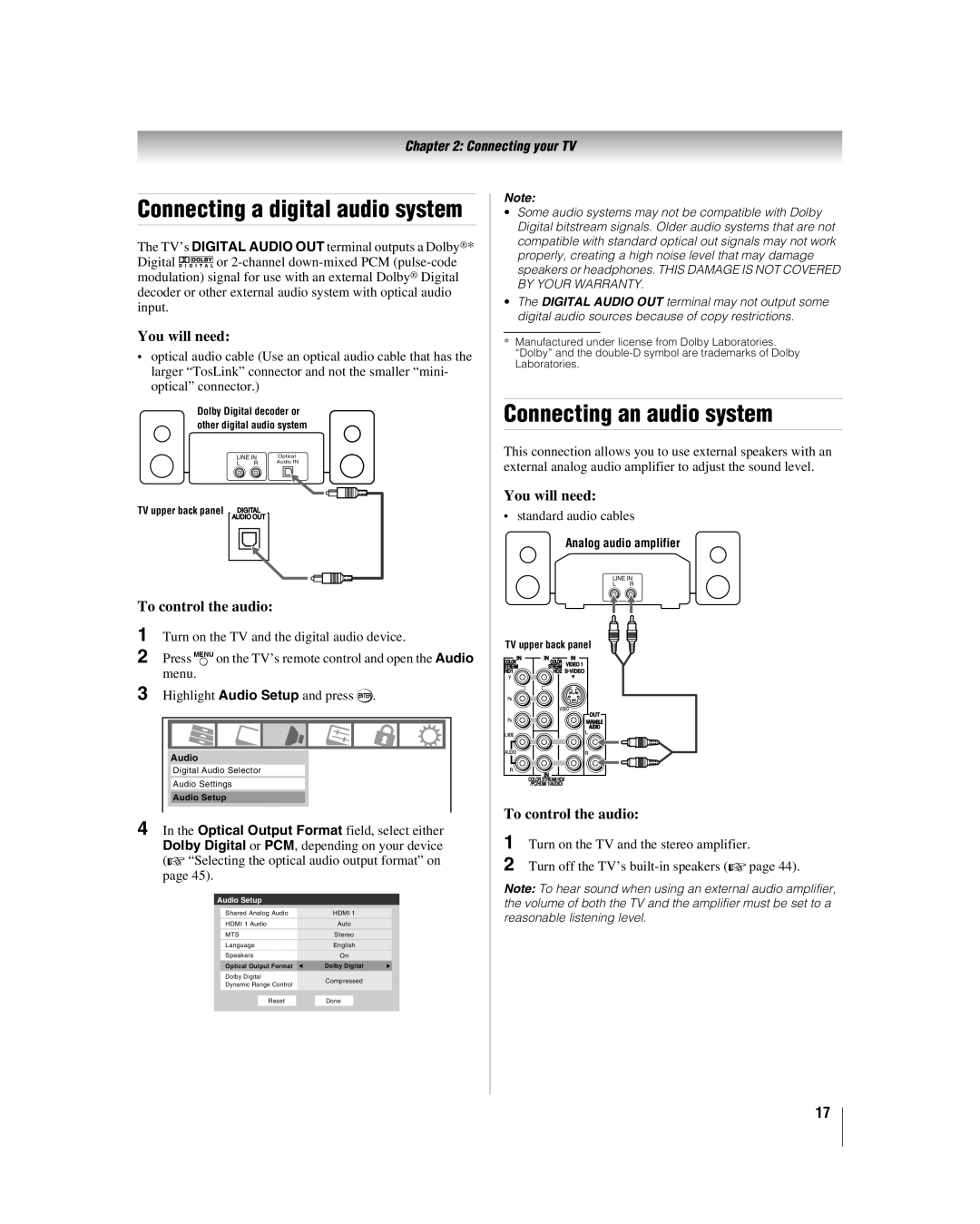 Toshiba 37CV510U, 32CV510U manual Connecting an audio system, To control the audio 