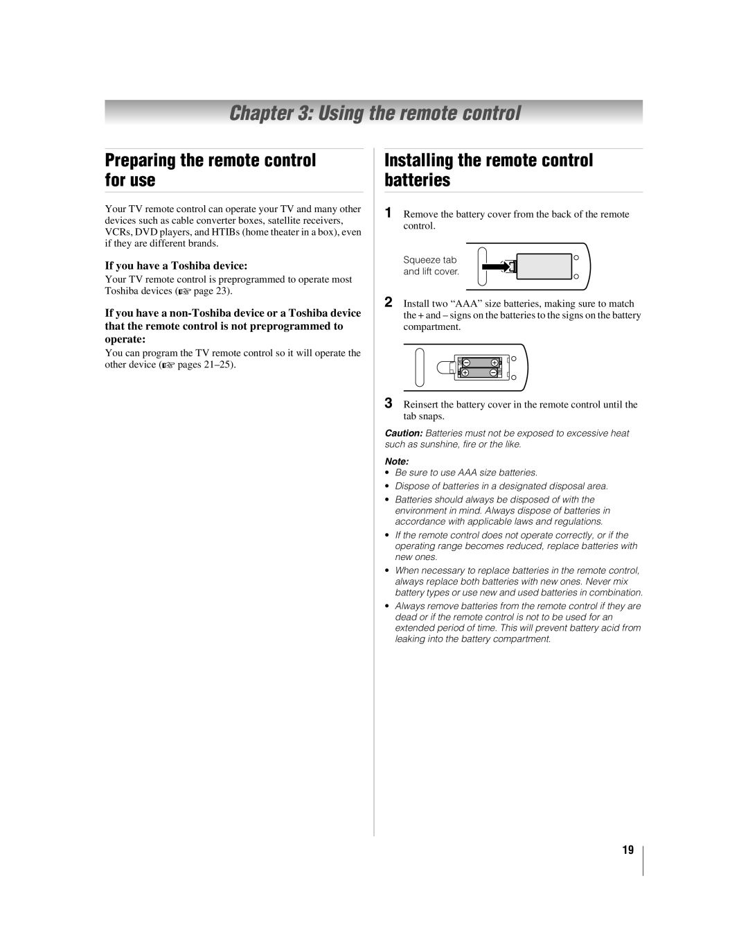 Toshiba 37CV510U Using the remote control, Preparing the remote control for use, Installing the remote control batteries 