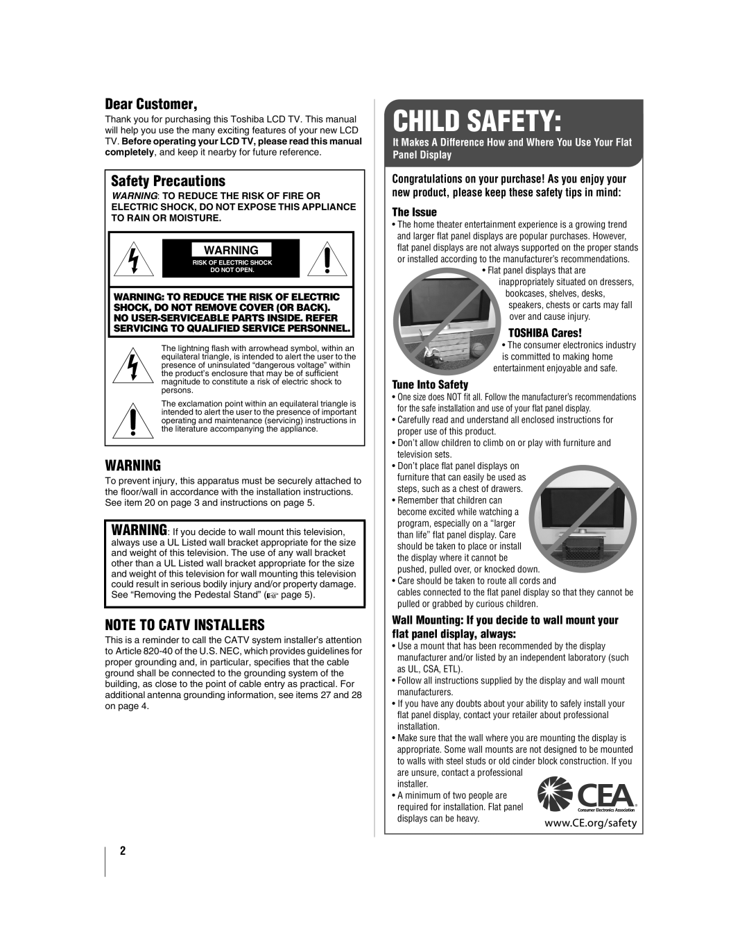 Toshiba 32CV510U, 37CV510U manual Dear Customer, Safety Precautions, Issue, Toshiba Cares, Tune Into Safety 