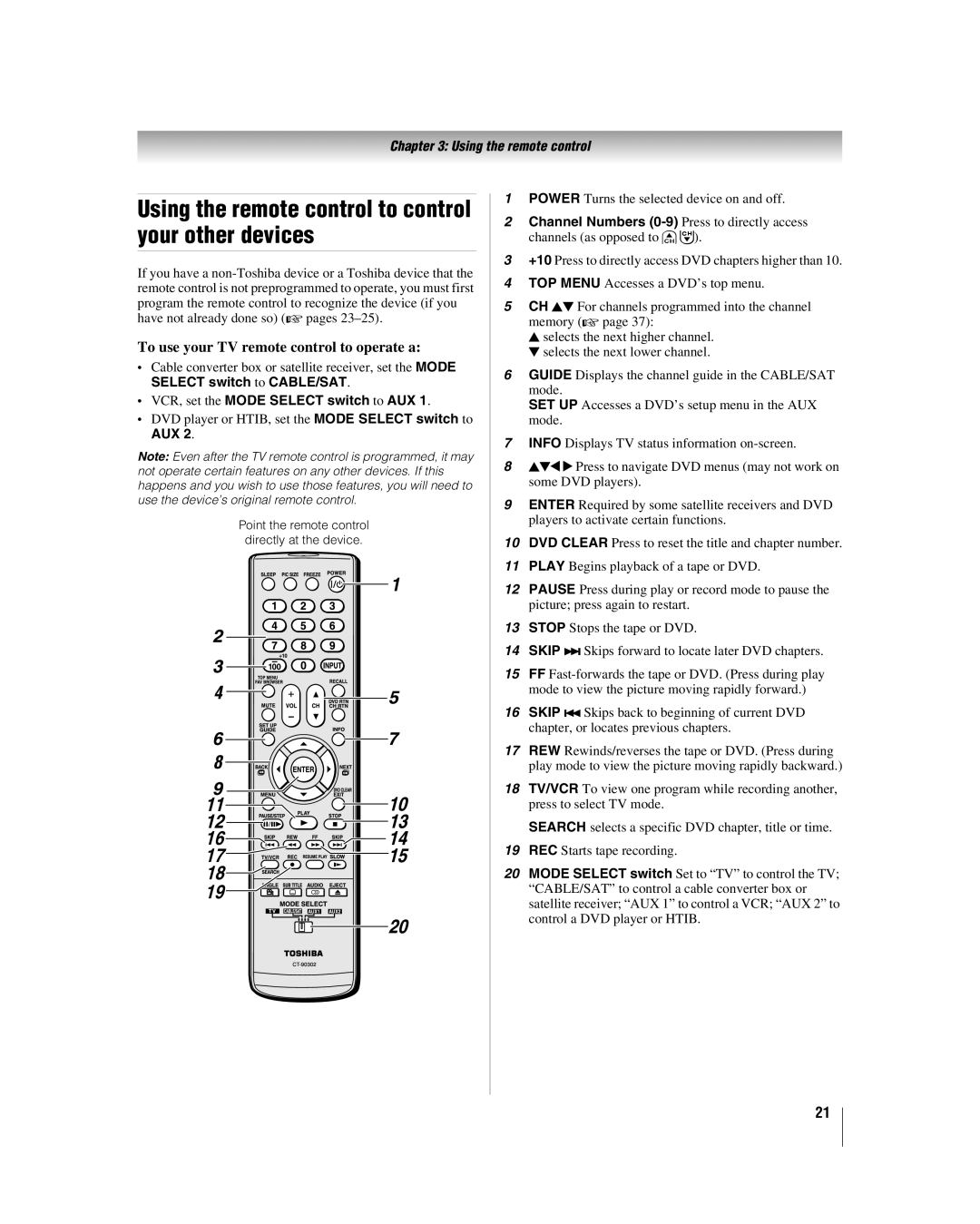 Toshiba 37CV510U Using the remote control to control your other devices, To use your TV remote control to operate a, Aux 