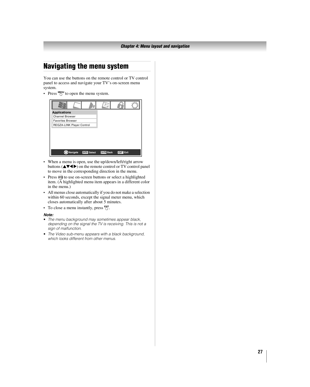 Toshiba 37CV510U, 32CV510U manual Navigating the menu system, Applications 