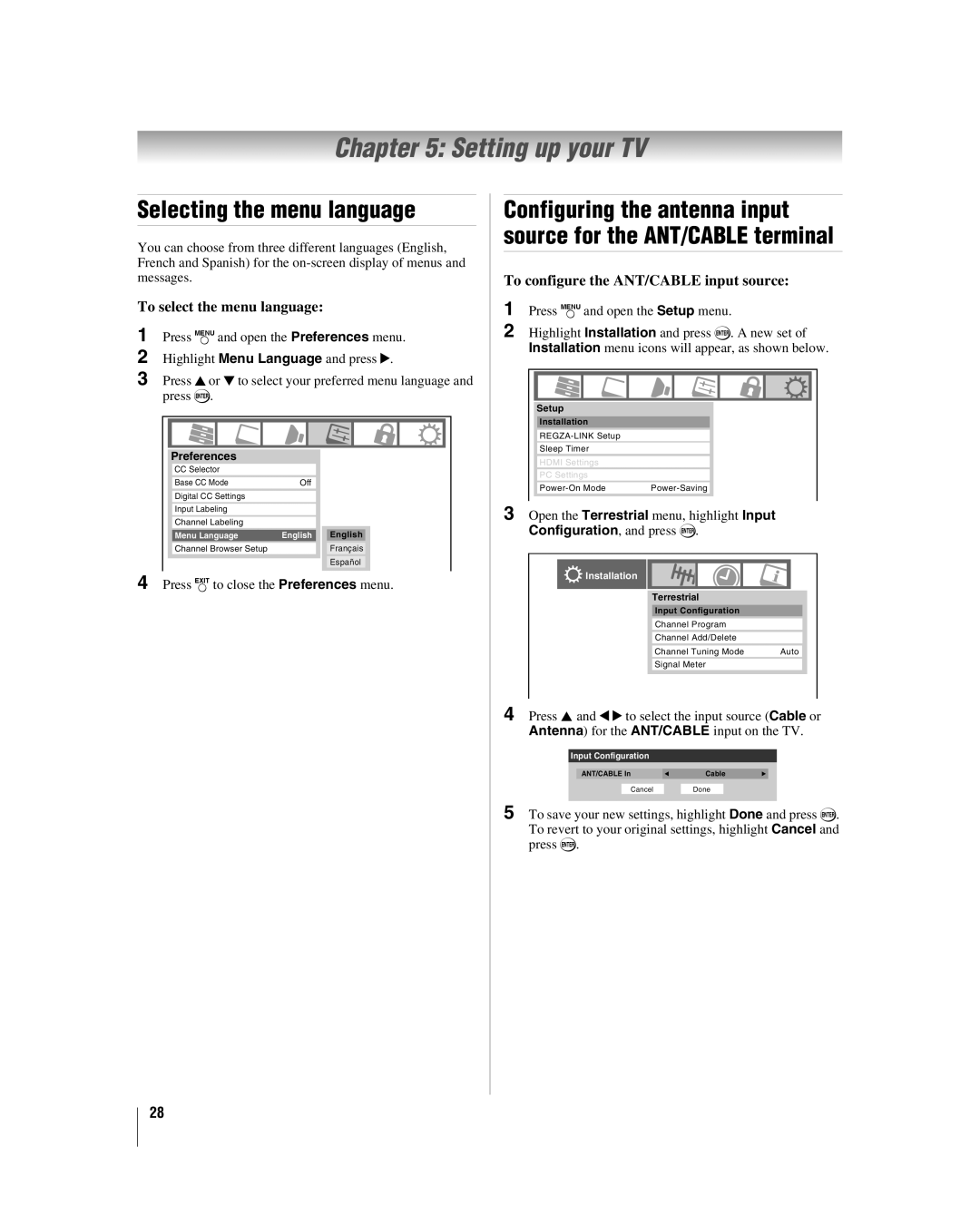 Toshiba 32CV510U, 37CV510U manual Setting up your TV, Selecting the menu language, To select the menu language 