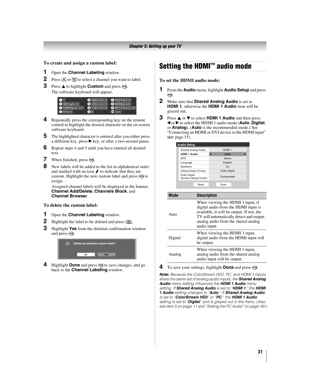 Toshiba 37CV510U To create and assign a custom label, To delete the custom label, Open the Channel Labeling window, Mode 