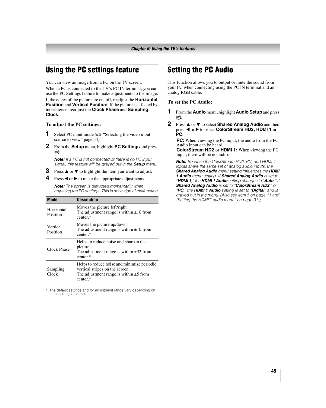 Toshiba 37CV510U manual Using the PC settings feature, Setting the PC Audio, To adjust the PC settings, To set the PC Audio 