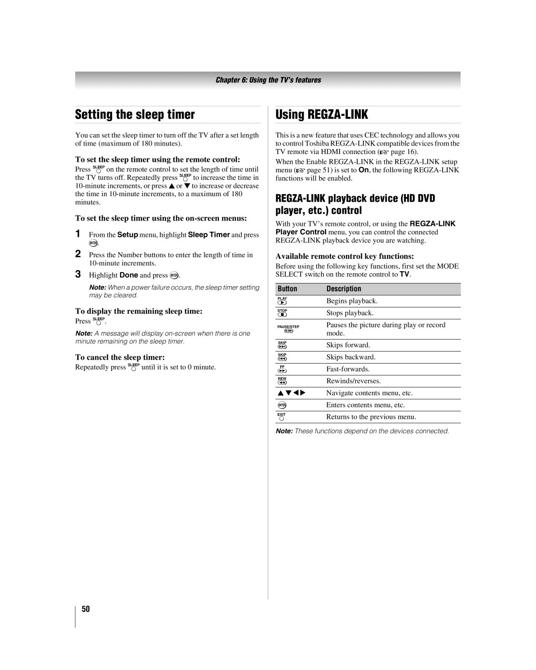 Toshiba 32CV510U manual Setting the sleep timer, Using REGZA-LINK, REGZA-LINK playback device HD DVD player, etc. control 