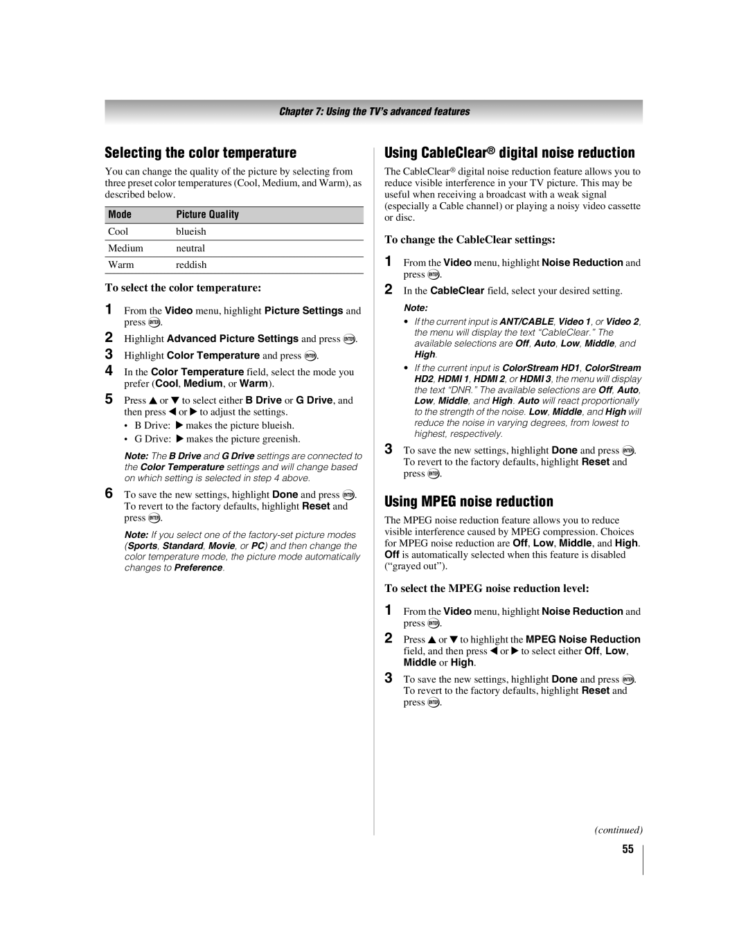 Toshiba 37CV510U Selecting the color temperature, Using CableClear digital noise reduction, Using Mpeg noise reduction 