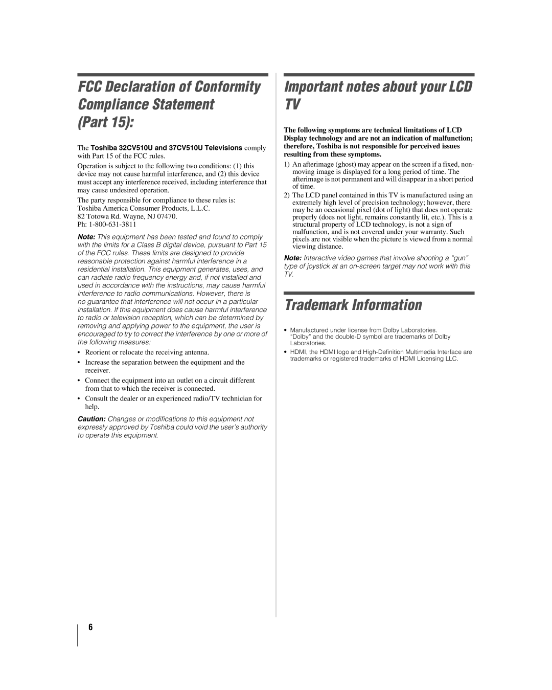 Toshiba 32CV510U, 37CV510U manual Part, Important notes about your LCD TV, Trademark Information 