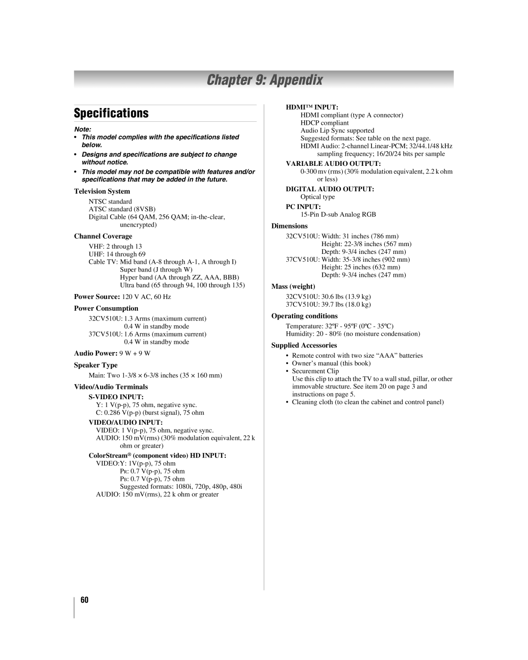 Toshiba 32CV510U, 37CV510U manual Appendix, Specifications 