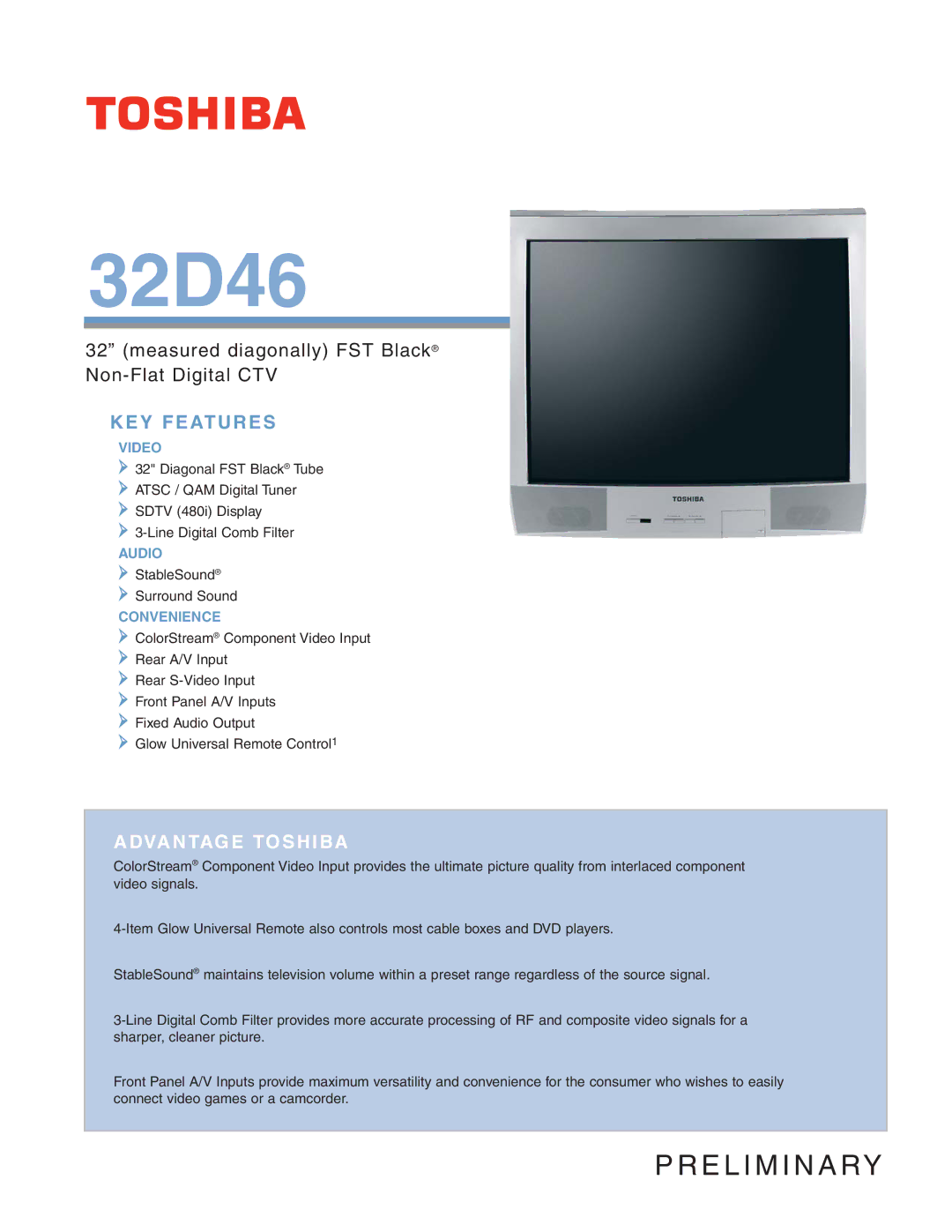 Toshiba 32D46 manual KEY Features, Video, Audio, Convenience 