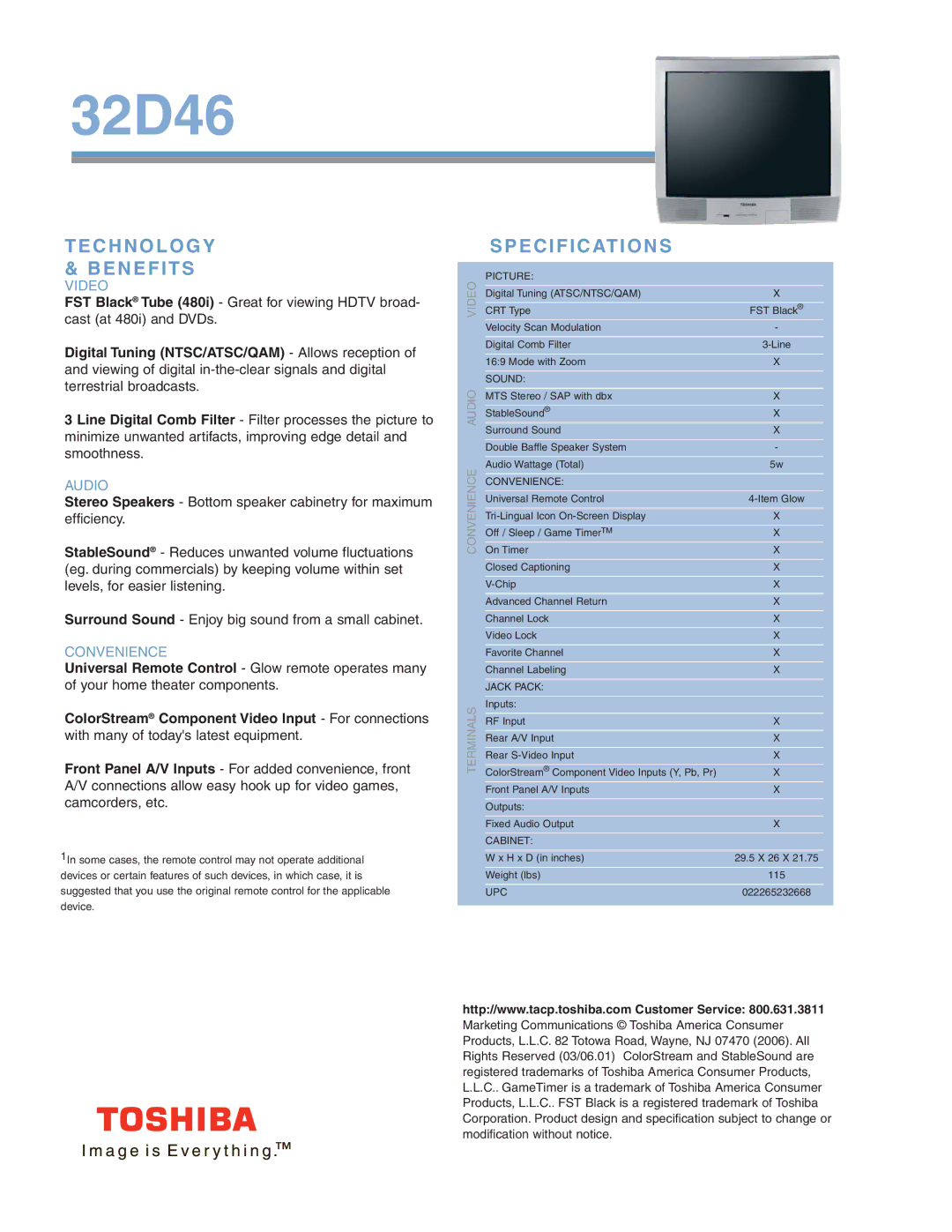 Toshiba 32D46 manual Technology & Benefits, Specifications 