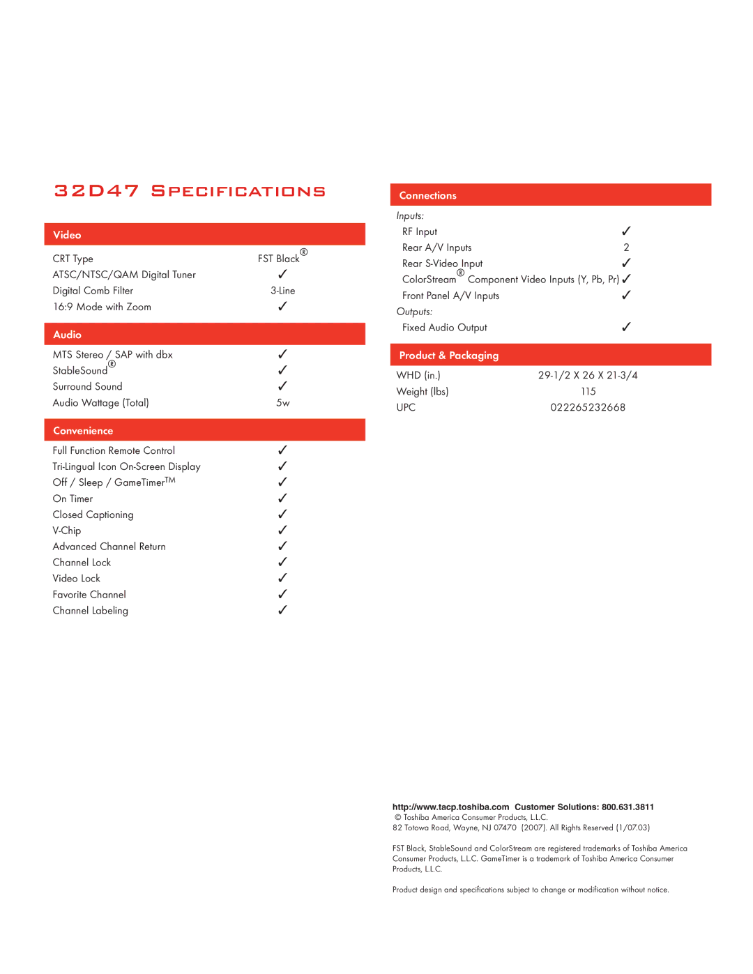 Toshiba manual 32D47 Specifications, Product & Packaging 