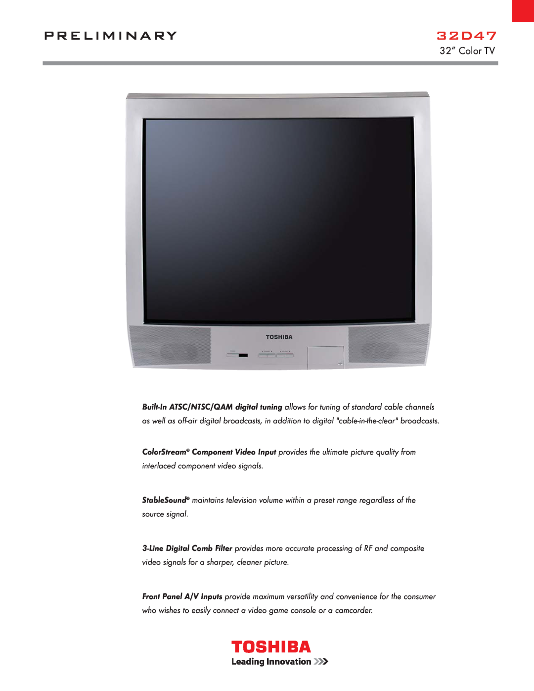 Toshiba 32D47 manual Preliminary, 32” Color TV 