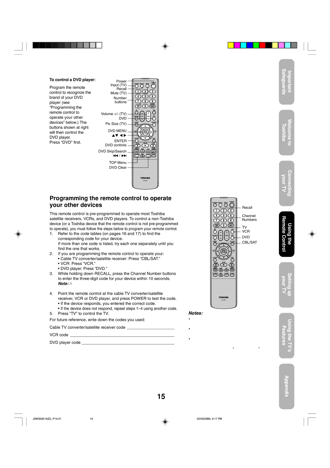 Toshiba 32DF46 appendix Programming the remote control to operate your other devices, To control a DVD player 