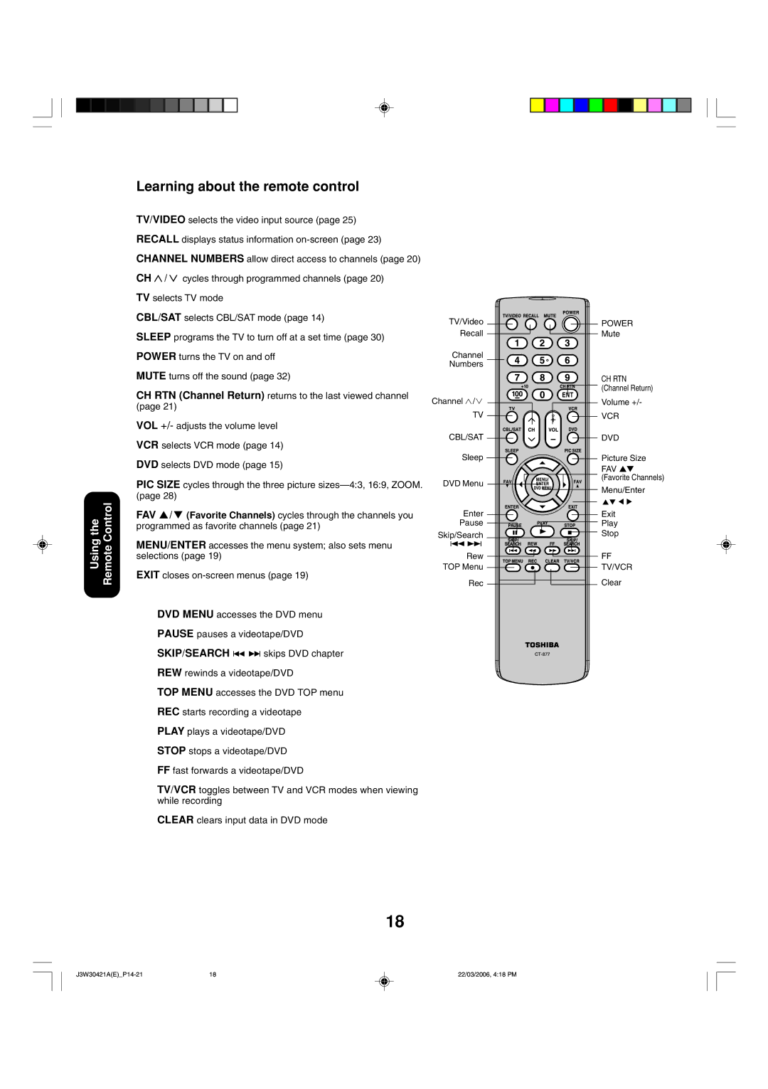 Toshiba 32DF46 appendix Learning about the remote control 