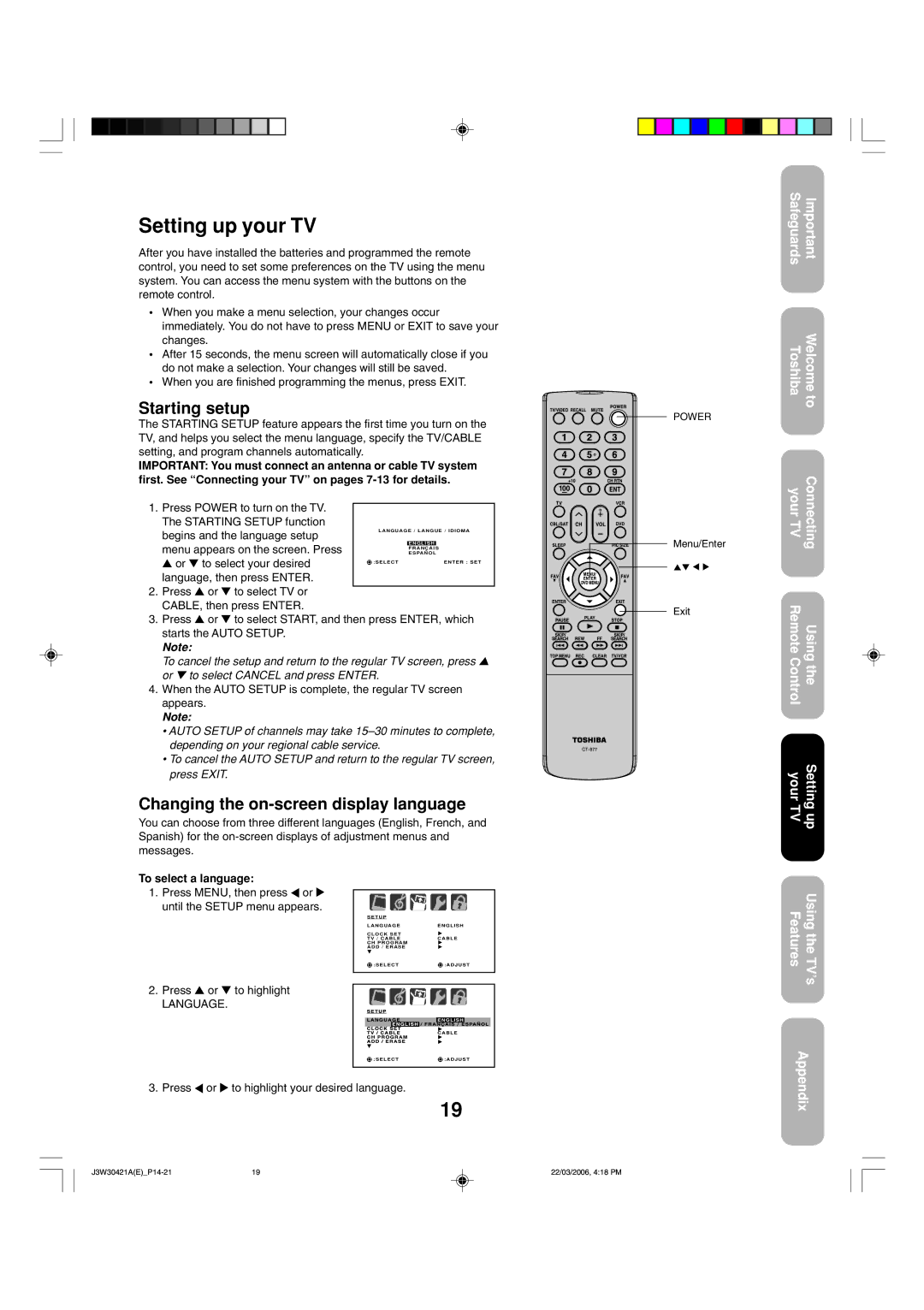 Toshiba 32DF46 appendix Setting up your TV, Starting setup, Changing the on-screen display language 