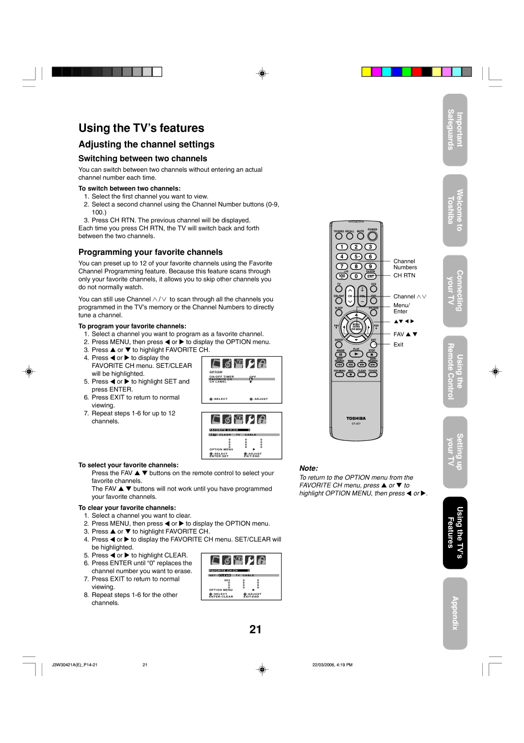 Toshiba 32DF46 appendix Using the TV’s features, Adjusting the channel settings, Switching between two channels 