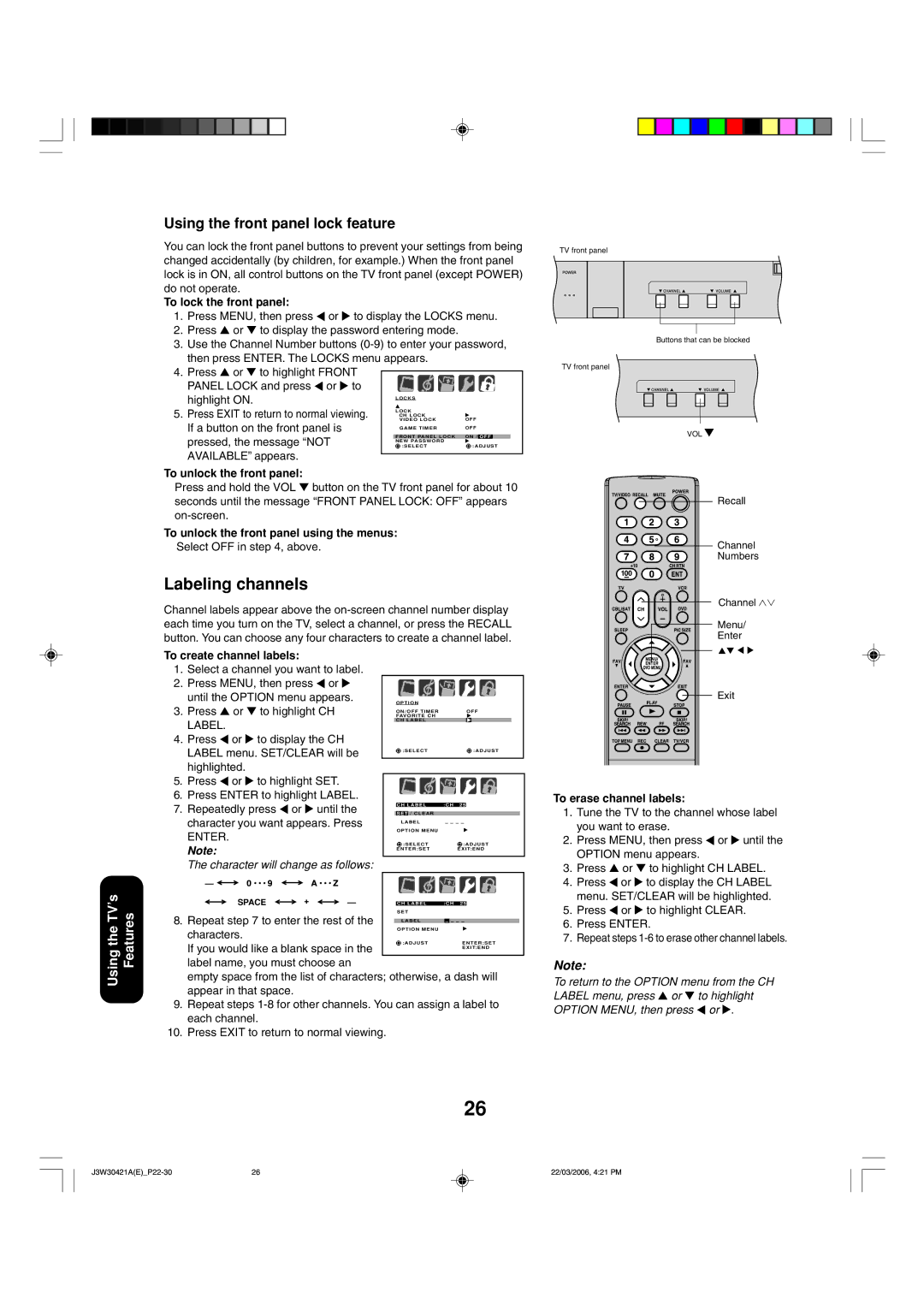 Toshiba 32DF46 appendix Labeling channels, Using the front panel lock feature 