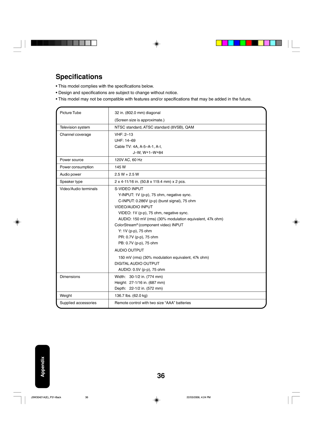 Toshiba 32DF46 appendix Specifications, Video Input, VIDEO/AUDIO Input, Digital Audio Output 