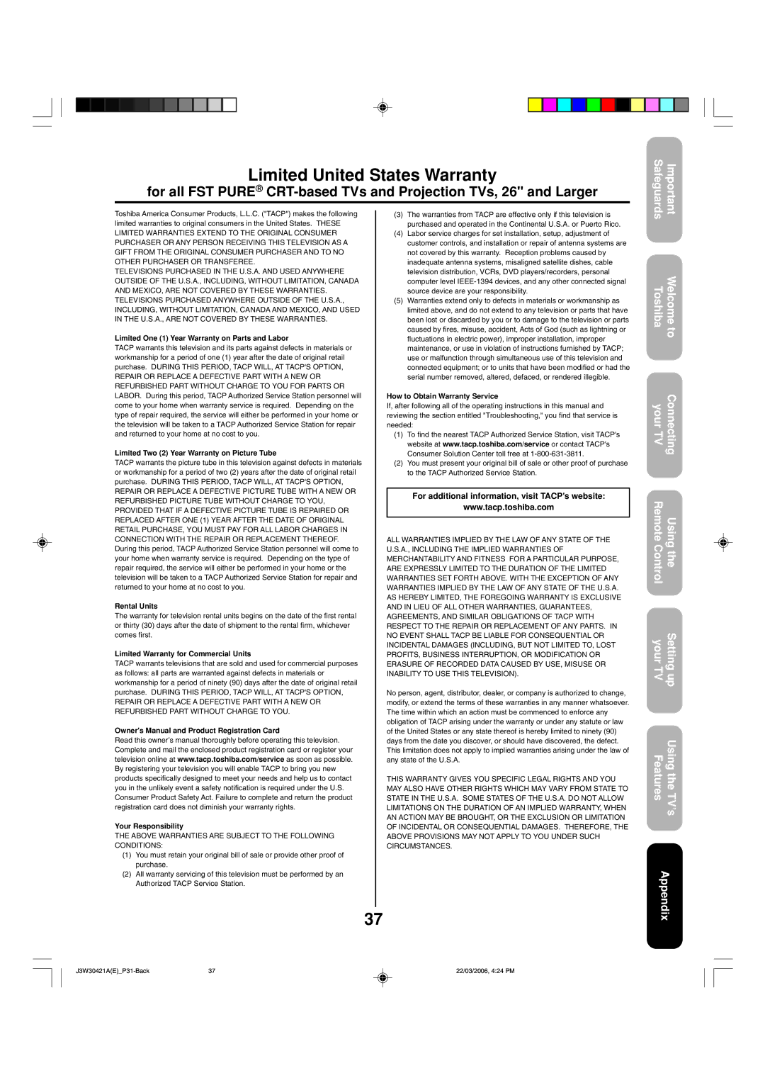 Toshiba 32DF46 appendix Limited United States Warranty, For additional information, visit TACPs website 