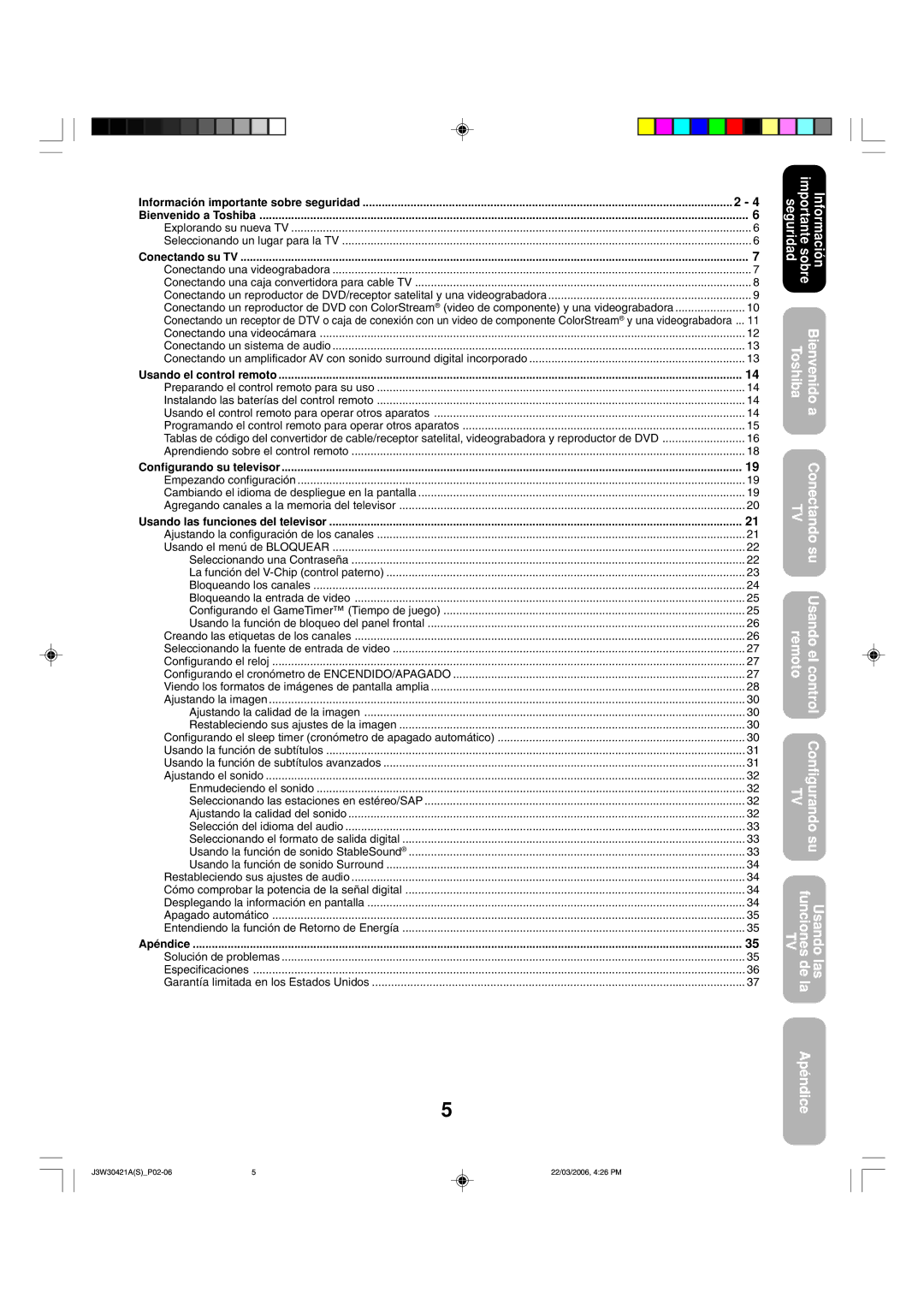 Toshiba 32DF46 Información importante sobre seguridad Bienvenido a Toshiba, Conectando su TV, Usando el control remoto 