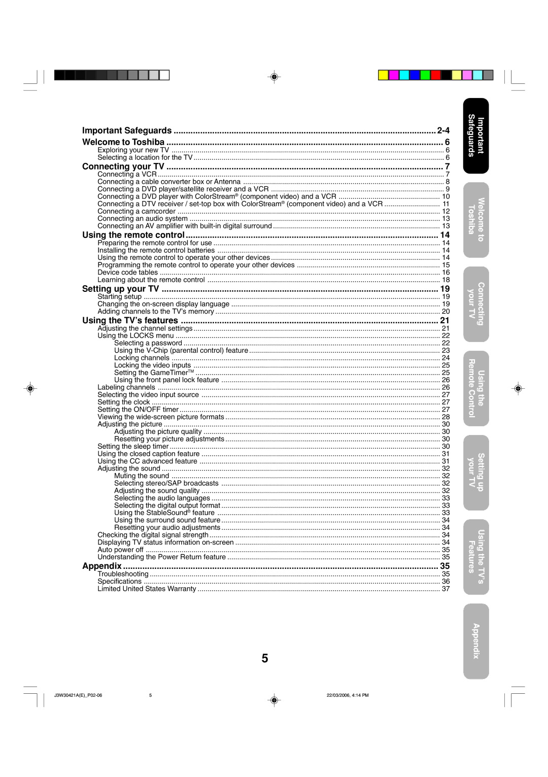 Toshiba 32DF46 Important Safeguards Welcome to Toshiba, Connecting your TV, Using the remote control, Setting up your TV 