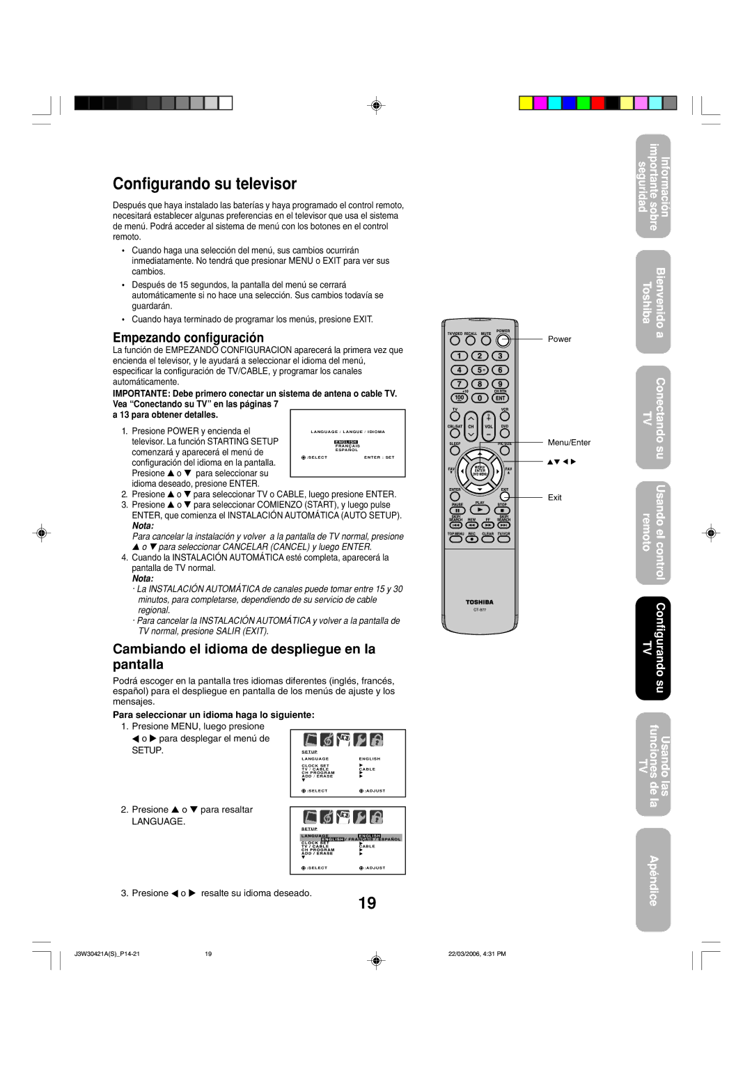 Toshiba 32DF46 Configurando su televisor, Empezando configuración, Cambiando el idioma de despliegue en la pantalla 