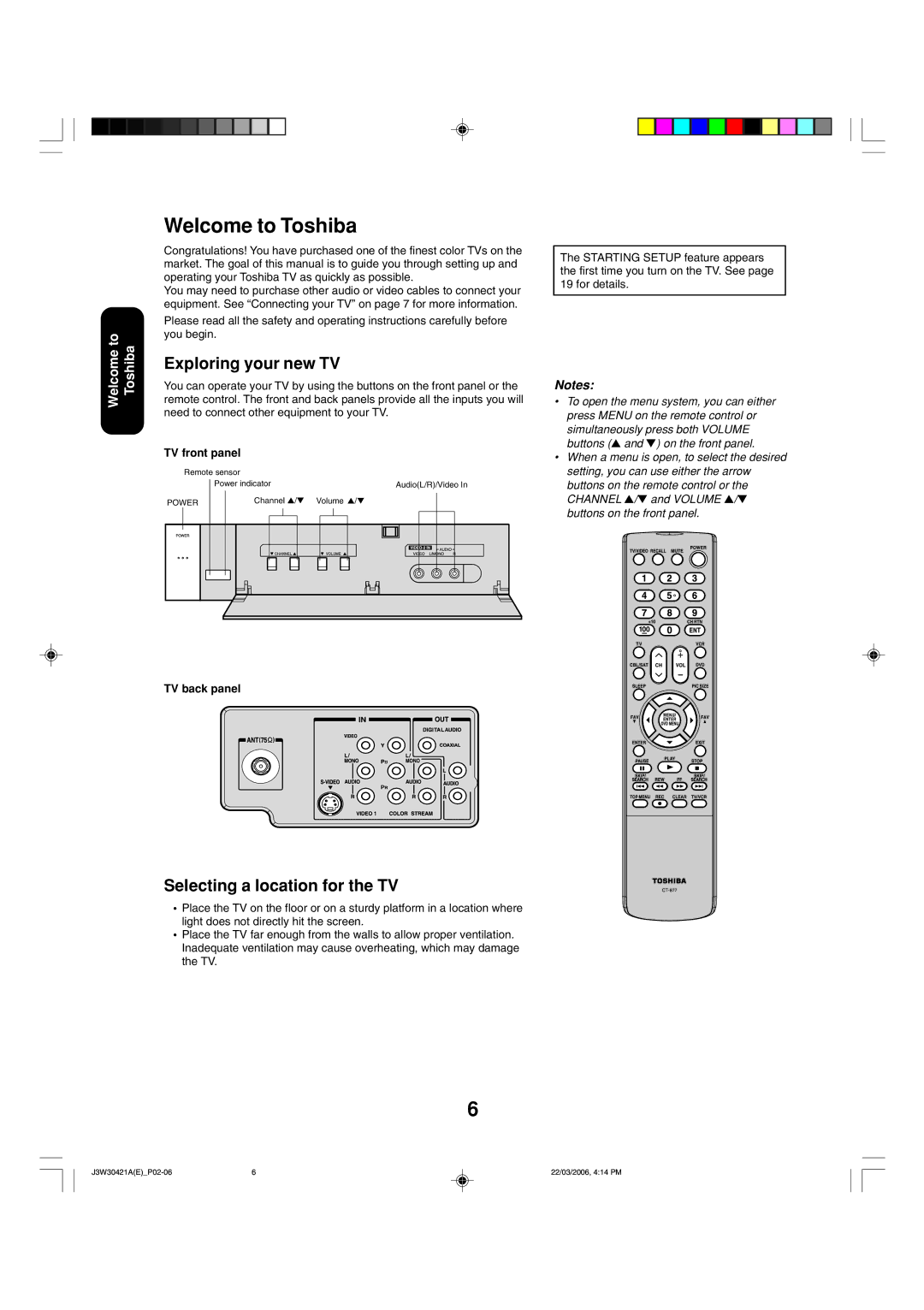 Toshiba 32DF46 Welcome to Toshiba, Exploring your new TV, Selecting a location for the TV, TV front panel, TV back panel 