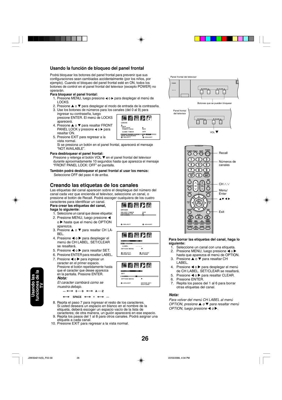 Toshiba 32DF46 appendix Creando las etiquetas de los canales, Usando la función de bloqueo del panel frontal 