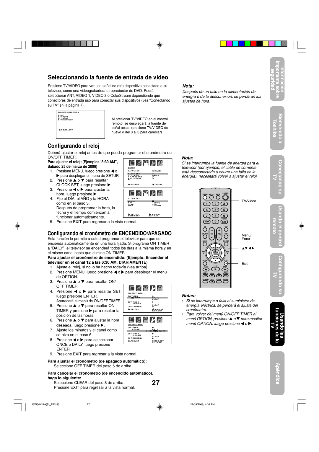 Toshiba 32DF46 appendix Seleccionando la fuente de entrada de video, Configurando el reloj 