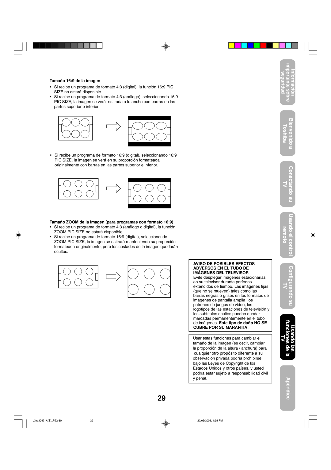 Toshiba 32DF46 appendix Tamaño 169 de la imagen, Tamaño Zoom de la imagen para programas con formato 