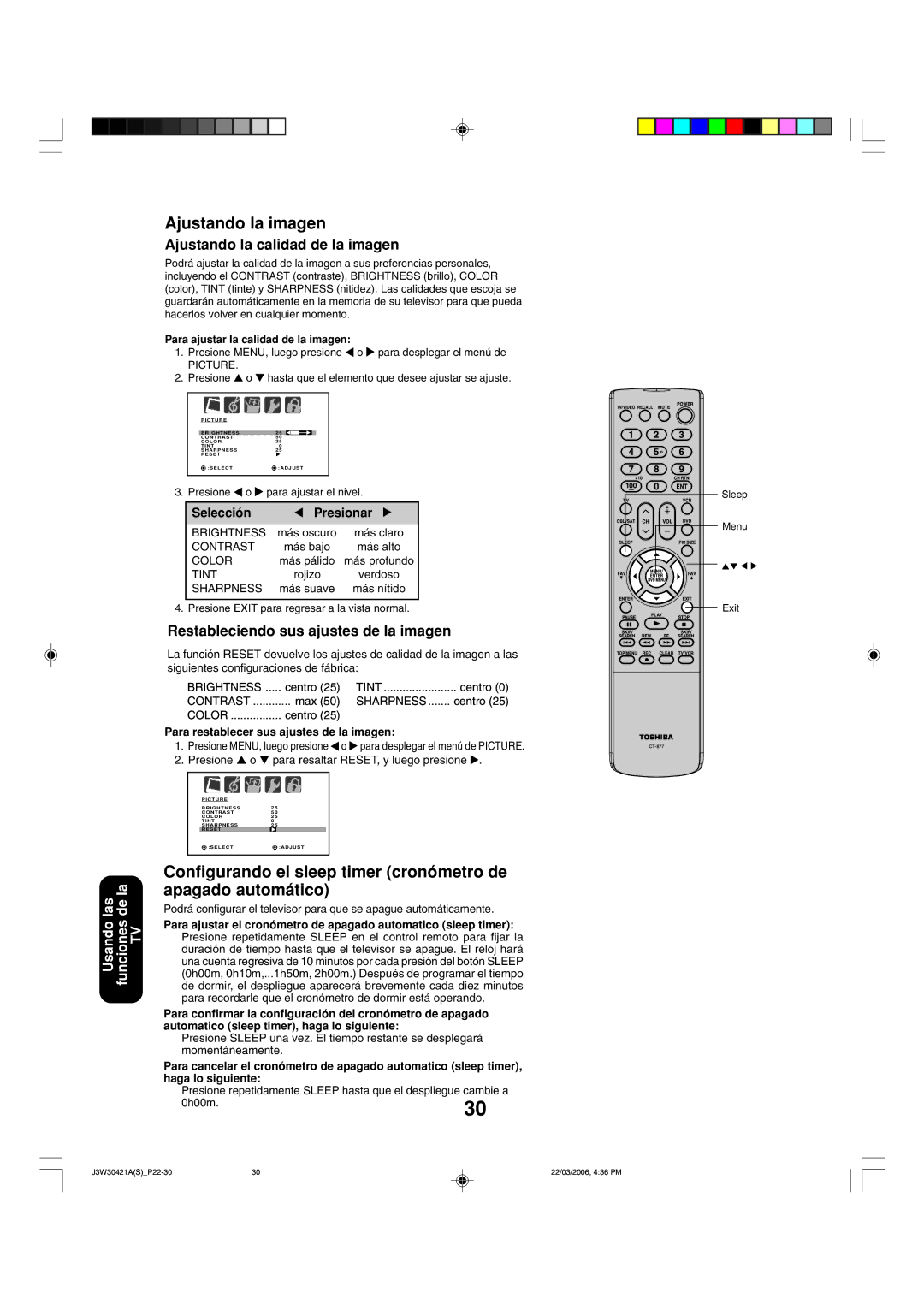 Toshiba 32DF46 appendix Ajustando la imagen, Ajustando la calidad de la imagen, Restableciendo sus ajustes de la imagen 