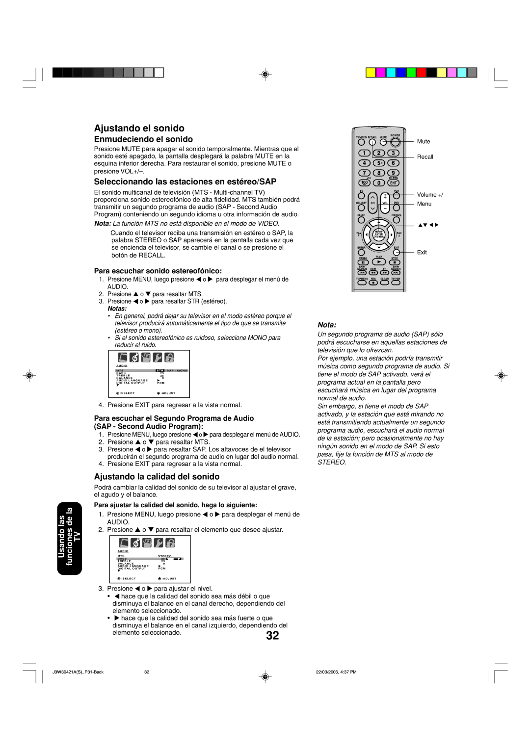 Toshiba 32DF46 appendix Ajustando el sonido, Enmudeciendo el sonido, Seleccionando las estaciones en estéreo/SAP 