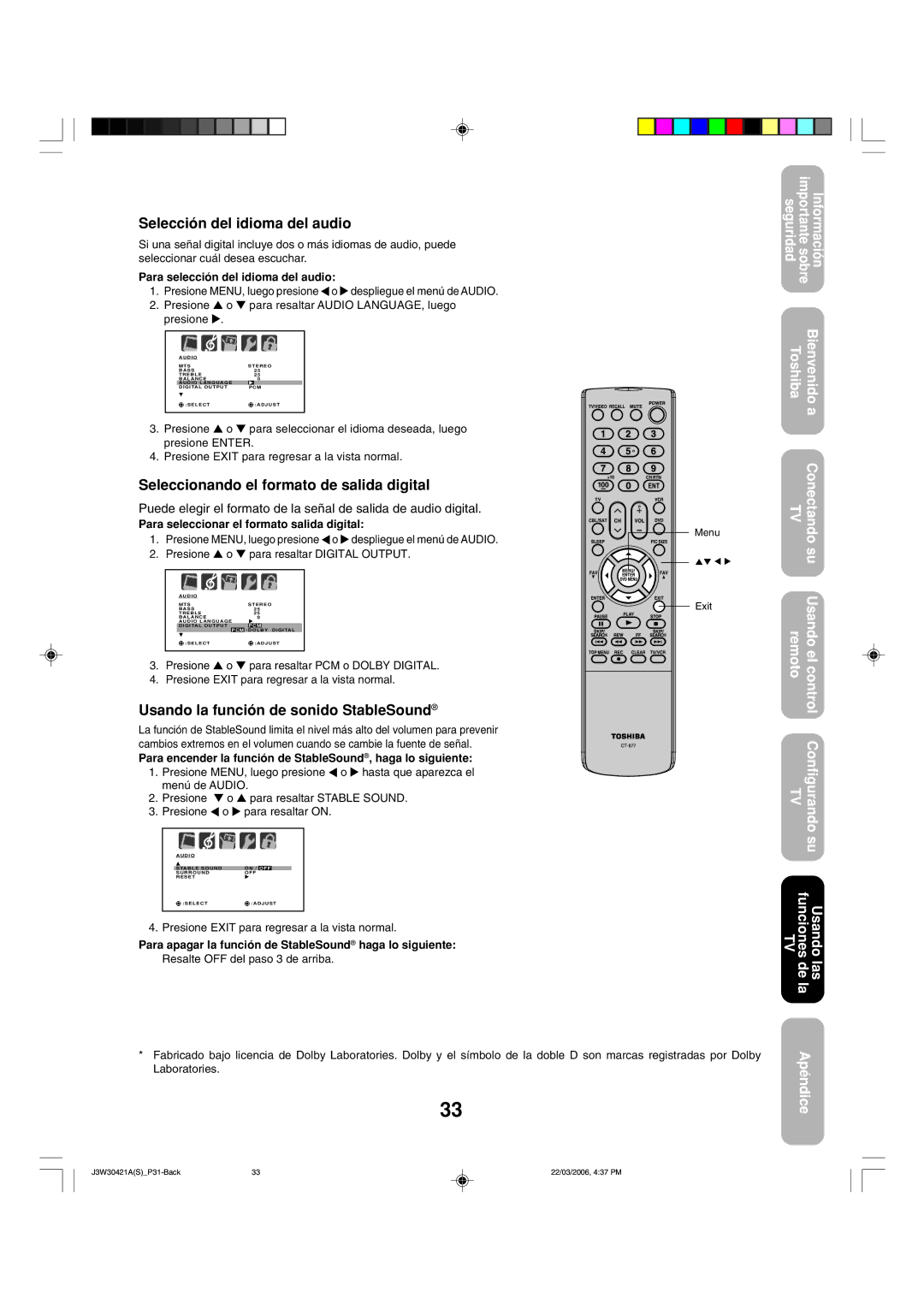 Toshiba 32DF46 appendix Selección del idioma del audio, Seleccionando el formato de salida digital 