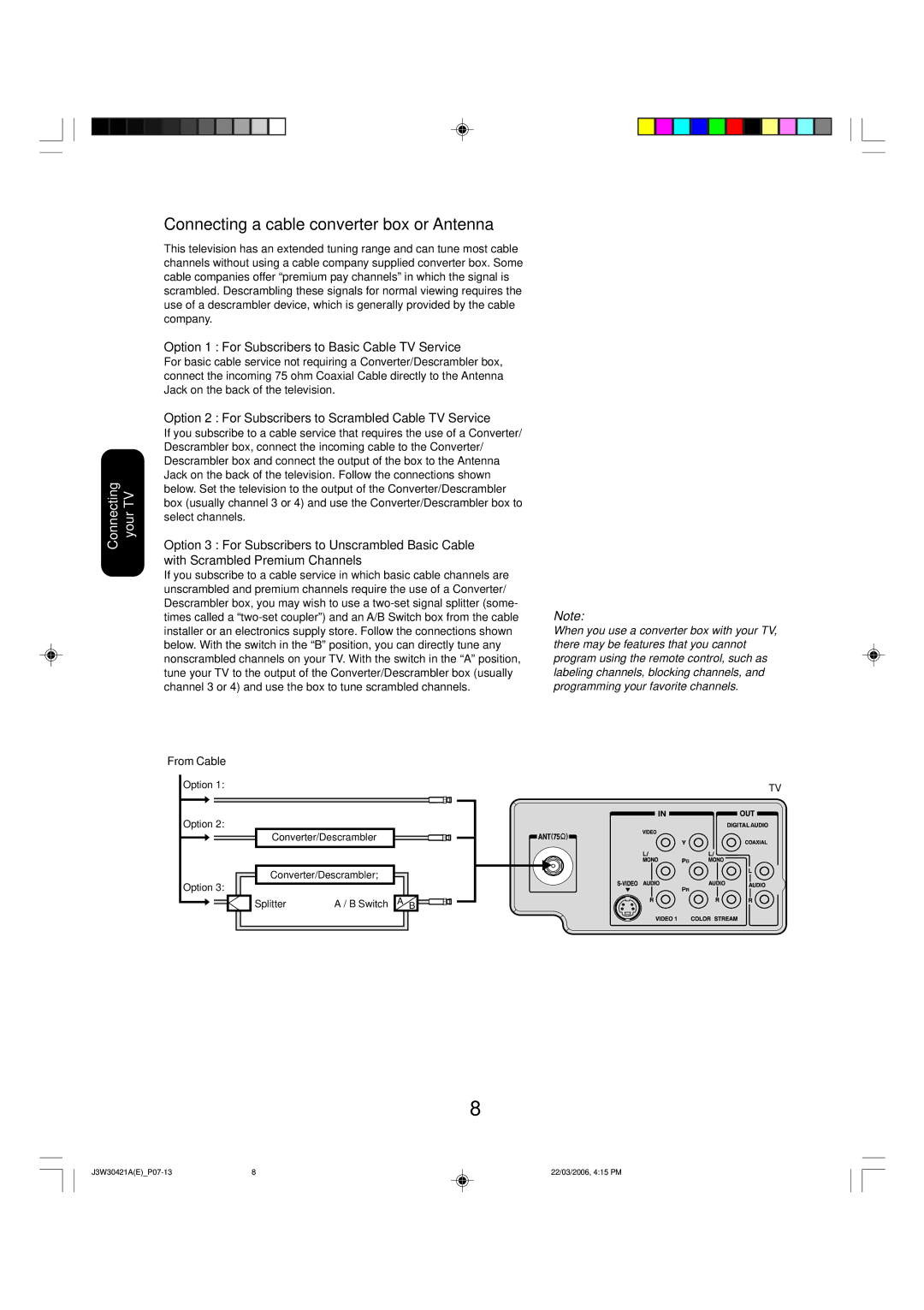 Toshiba 32DF46 appendix Connecting a cable converter box or Antenna, From Cable 