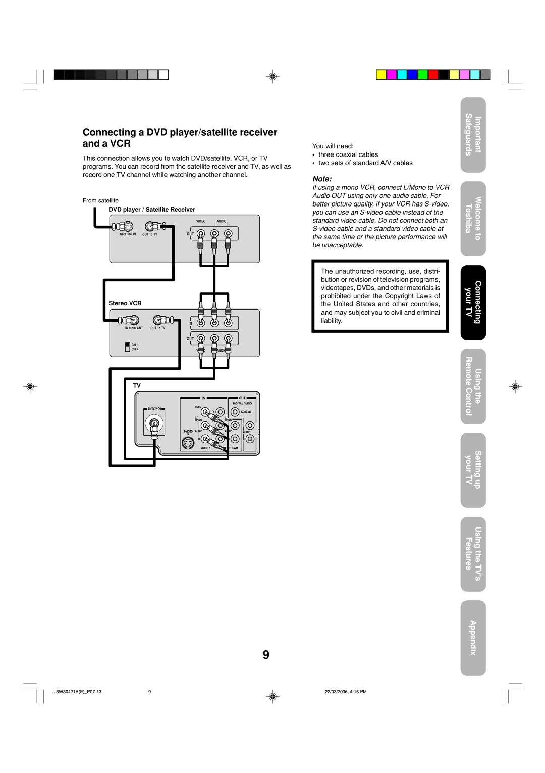 Toshiba 32DF46 appendix Connecting a DVD player/satellite receiver and a VCR, DVD player / Satellite Receiver 